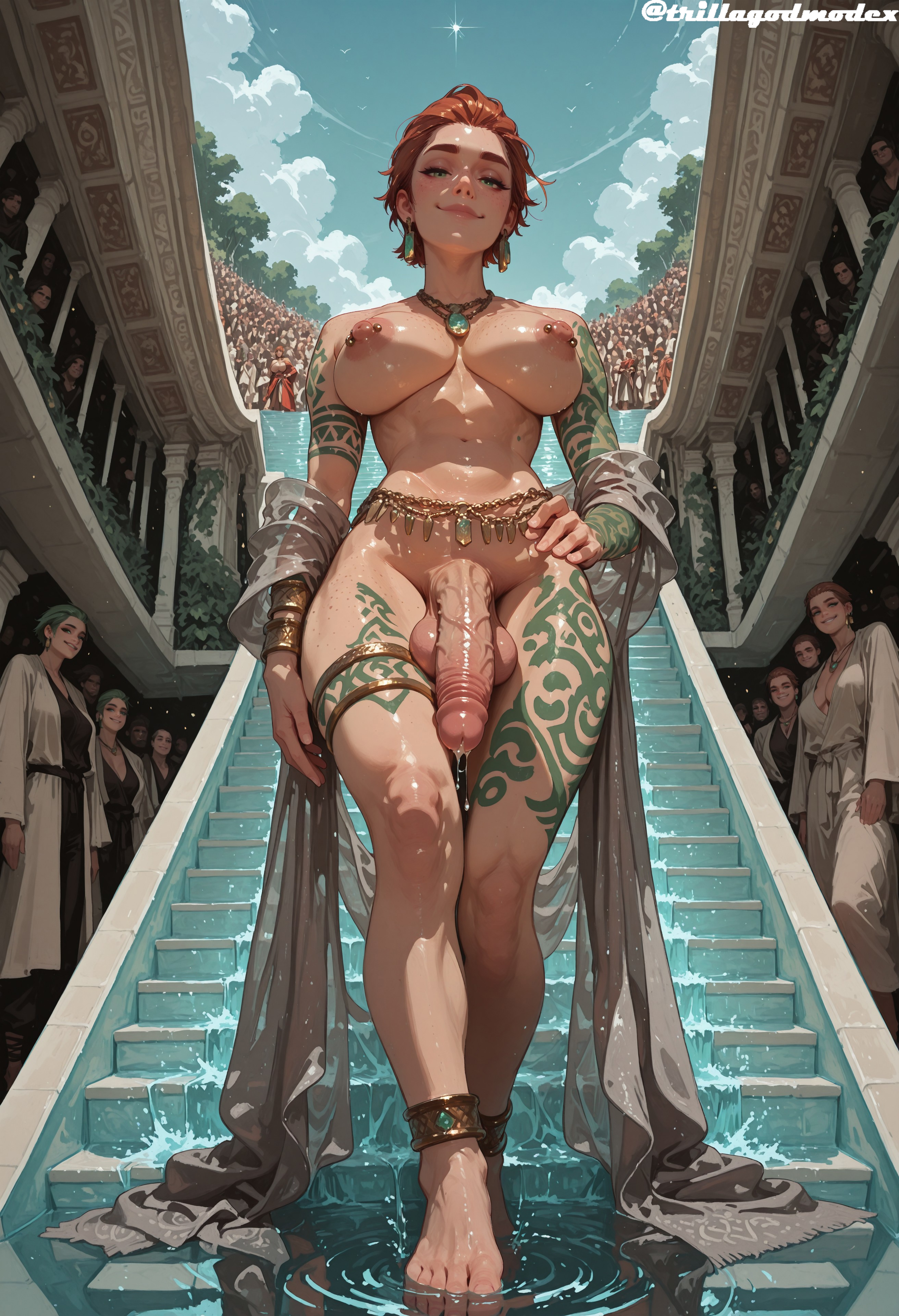 1futa, ai generated, anklet, barefoot, breasts, brown hair, building, city, cityscape, dark nipples, dark skin, dark-skinned female, dickgirl, erection, female, foreskin, full-body tattoo, futa only, futanari, intersex, jewelry, leg tattoo, navel, necklace, nipple piercing, nipples, penis, piercing, pool, pussy, short hair, sky, smile, solo focus, stomach tattoo, tattoo, thick thighs, thighs, trillagodmodex, uncensored, uncircumcised, wading, water, wet