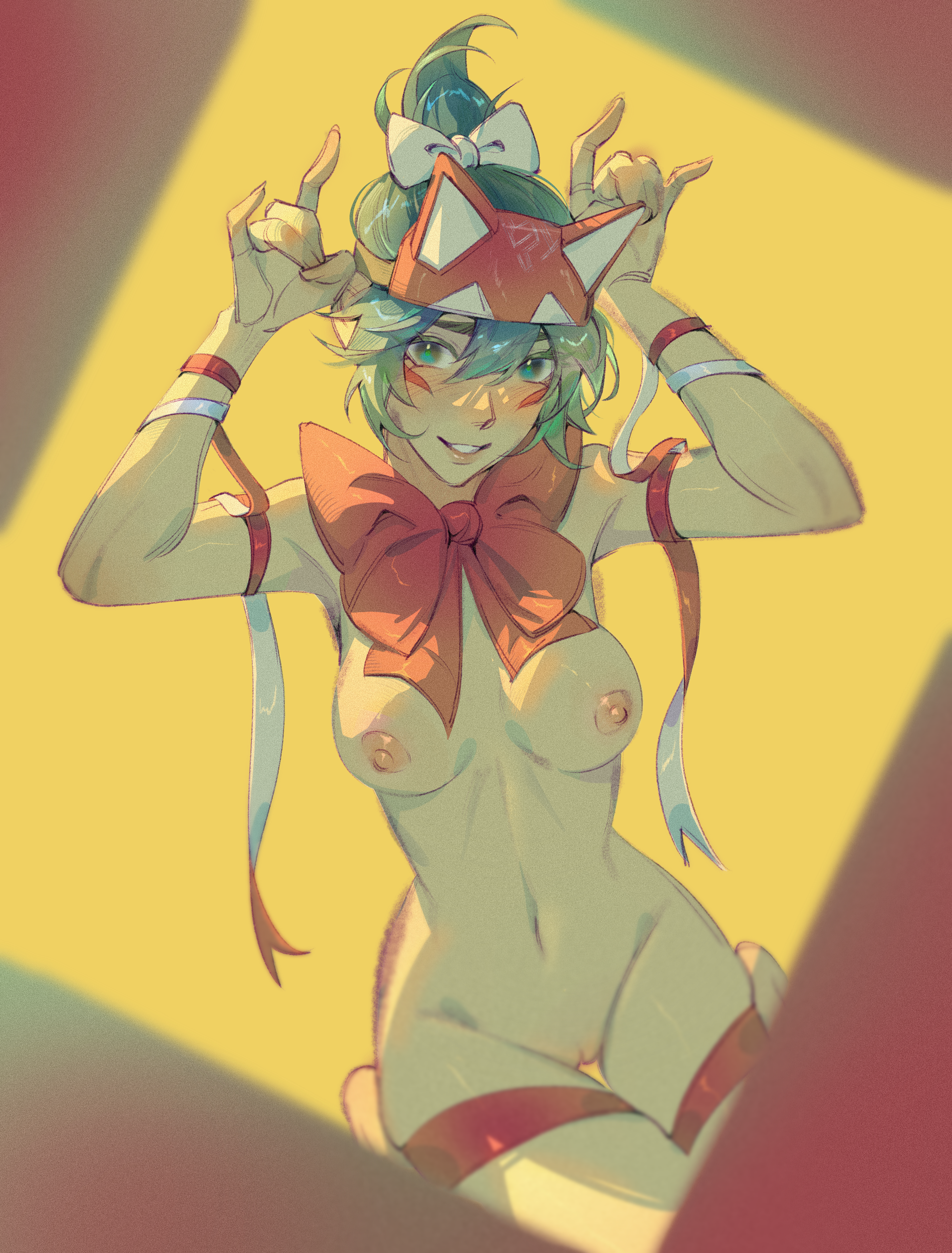 1girls, 2025, absurd res, areolae, armpits, arms up, belly button, bow, breasts, double fox shadow puppet, feet, female, female torso, fox shadow puppet, front view, genitals, gesture, gift wrapped, green eyes, green hair, grin, hair, hair between eyes, hair ornament, hairbow, happy, headband, hi res, human, kiriko (overwatch), kneeling, labia, laiqart, legs together, light skin, light-skinned female, looking at viewer, medium breasts, medium hair, navel, nipples, nude, nude female, overwatch, overwatch 2, ponytail, pose, posing, pussy, red ribbon, ribbon, ribbons, simple background, sitting, smile, smiling, smiling at viewer, solo, stomach, teeth, thighs, vulva, wrapped