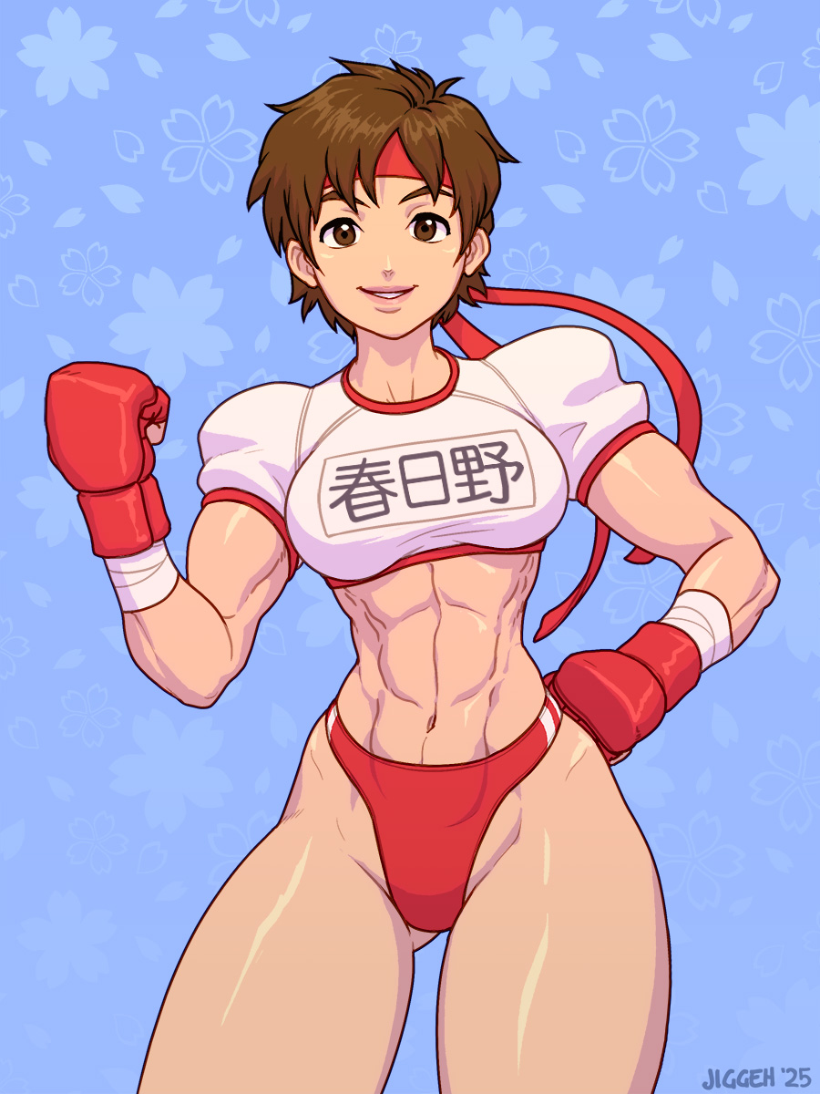 1girls, 2025, 2d, abs, athletic, athletic female, breasts, brown hair, busty, capcom, crop top, female, female focus, female only, hourglass figure, jiggeh, muscular, muscular female, panties, sakura kasugano, short hair, solo, standing, street fighter, tagme, thong, tomboy, wide hips