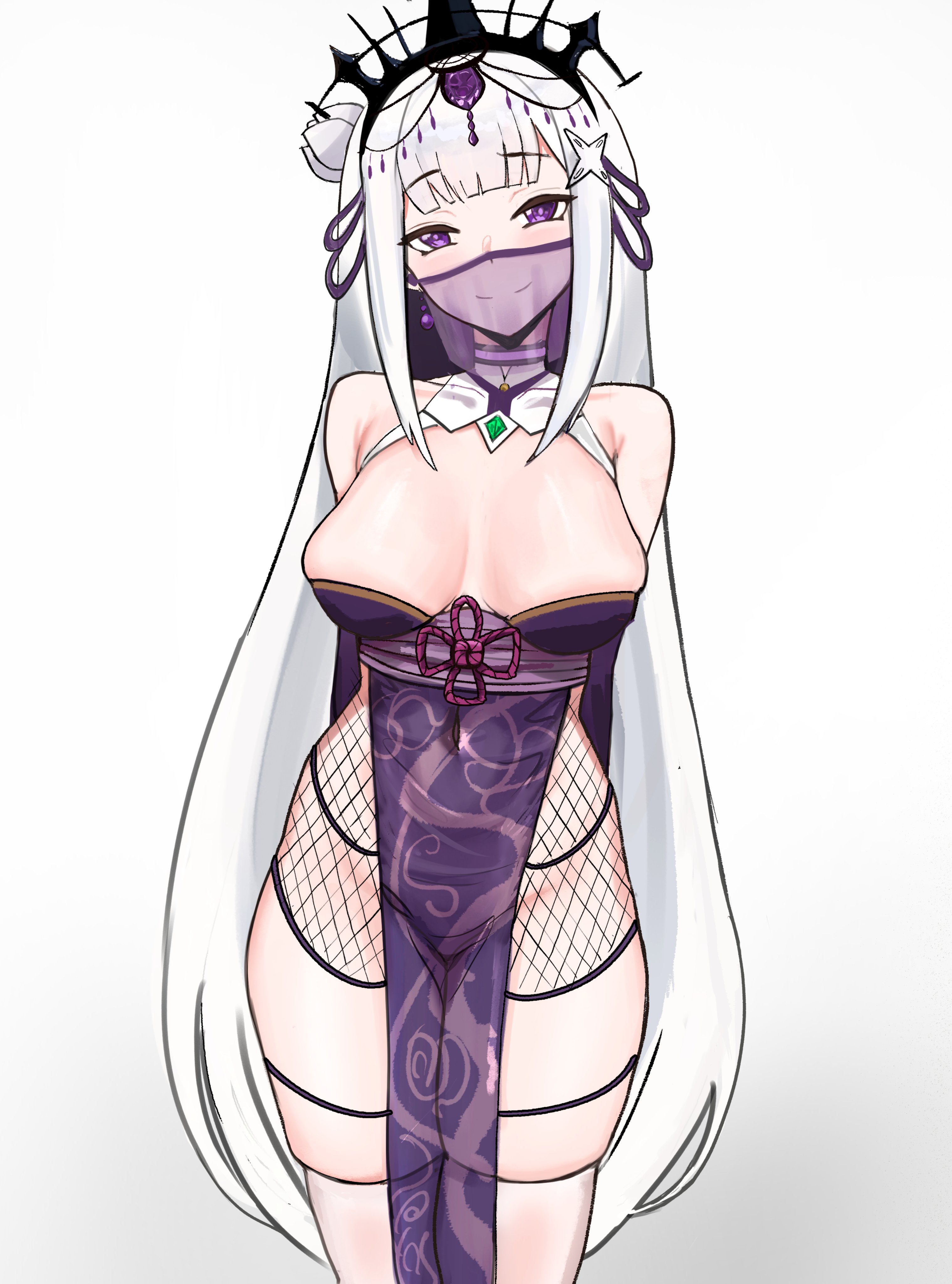 1girls, big breasts, breasts, chinese clothes, cinn angl, cleavage, emilia (re:zero), female, female focus, female only, front view, light skin, light-skinned female, looking at viewer, looking forward, purple dress, purple eyes, re:zero kara hajimeru isekai seikatsu, solo, thick thighs, thighhighs, thighs, veil, white hair, wide hips