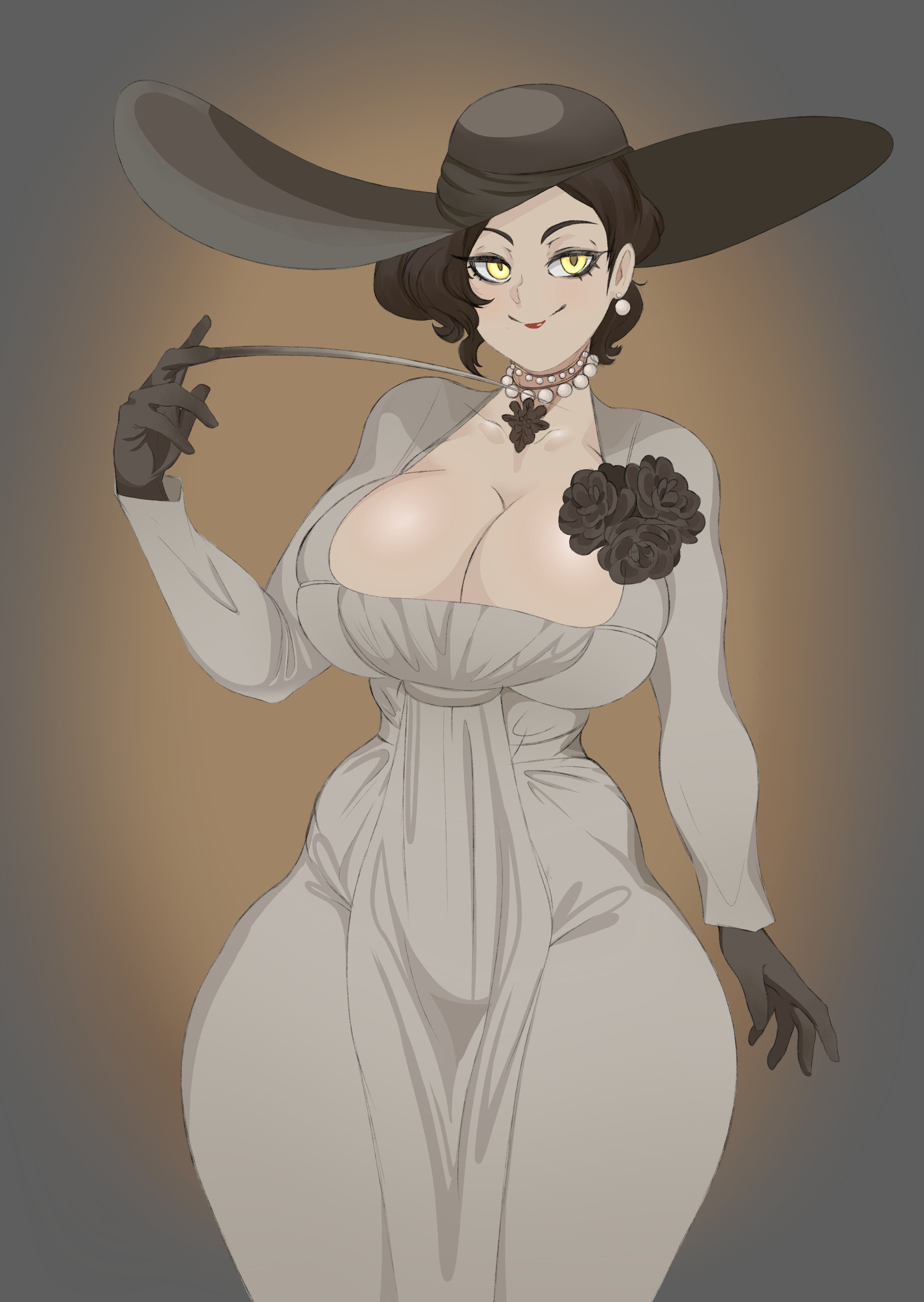 1girls, absurdres, akimbotabs, alcina dimitrescu, breasts, cleavage, female, female only, highres, hips, hourglass figure, huge breasts, large breasts, looking at viewer, resident evil, resident evil 8: village, solo, thick legs, thick thighs, thighs, wide hips