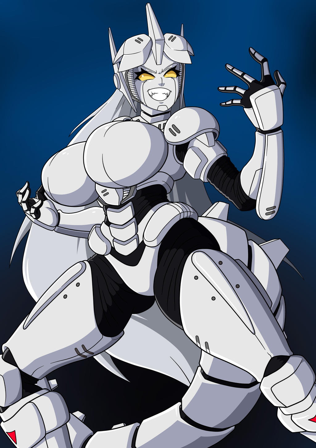 armored female godzilla_(series) grey_skin kaiju kaiju_girl kaiju_girls_(webcomic) kiryu_(godzilla) mechagodzilla mechanical monster monster_girl robot robot_girl silver_hair solo solo_female tail witchking00 yellow_eyes