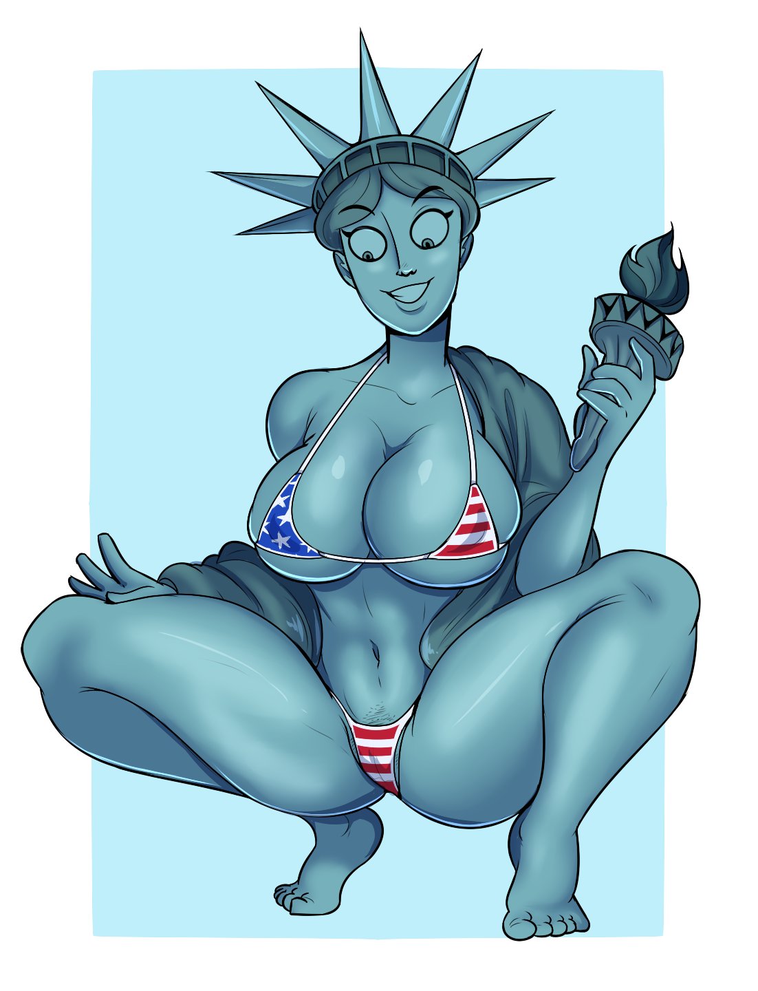 1girls, 2020, american flag, american flag bikini, barefoot, big breasts, bikini, breasts, cleavage, feet, female, female only, fine art parody, green skin, hellonearthiii, huge breasts, large breasts, looking down, metallic body, pubic stubble, public domain, pussy, shaved pussy, simple background, solo, solo female, squatting, statue of liberty, swimsuit, toes