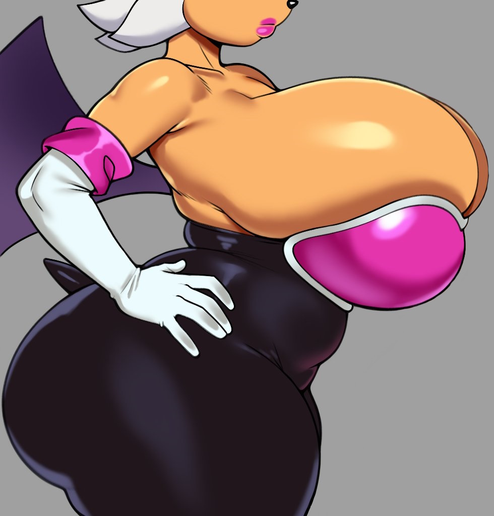 anthro, bat, bodysuit, cleavage, coldarsenal, elbow gloves, female, female only, huge ass, huge breasts, lipstick, rouge the bat, sideboob, solo, sonic (series), thick thighs, tight clothing, white hair, wide hips, wide thighs, wings