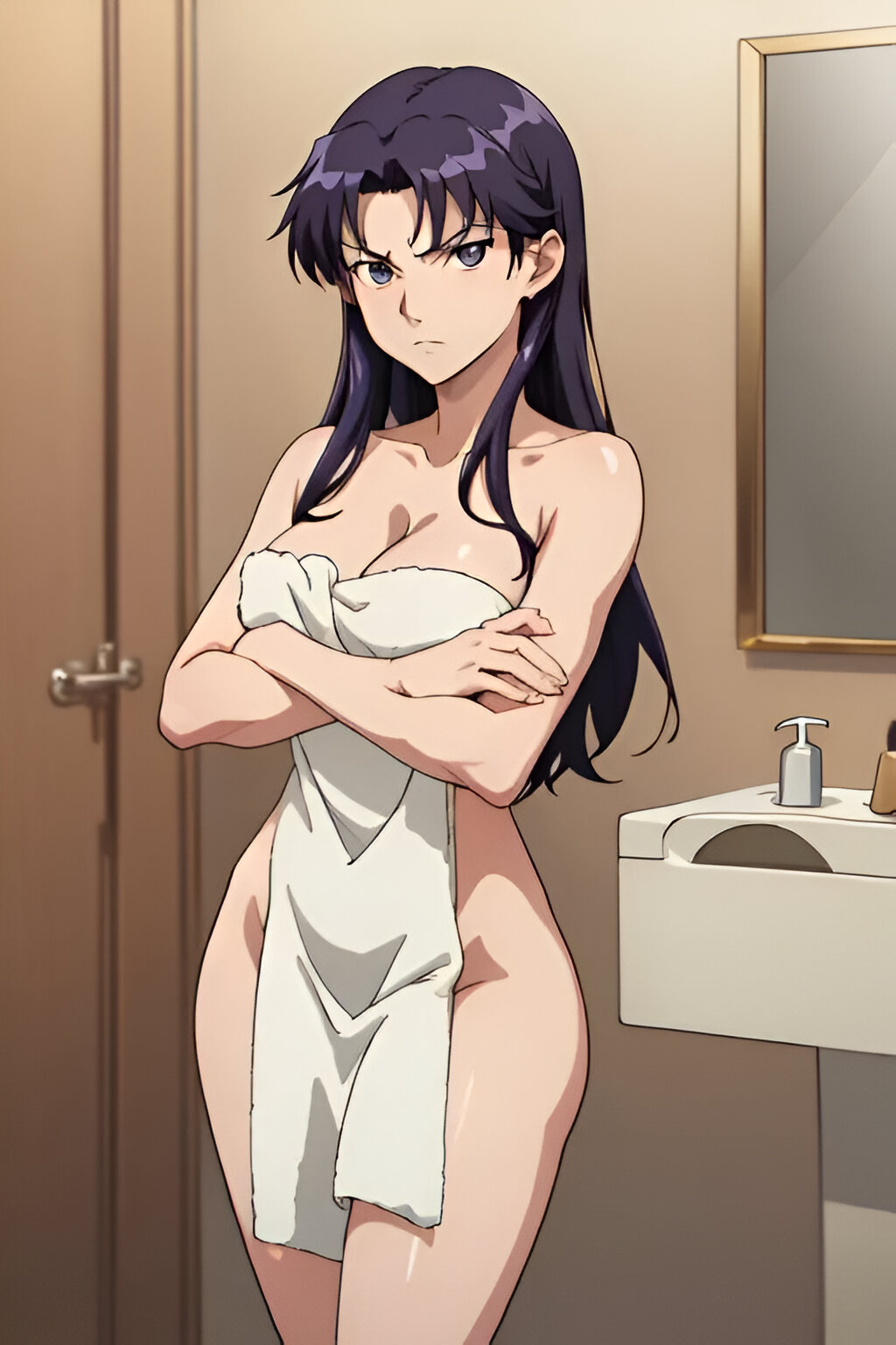 ai_generated bathroom breasts crossed_arms female looking_at_viewer misato_katsuragi neon_genesis_evangelion nude nude_female sexy towel unamused white_towel