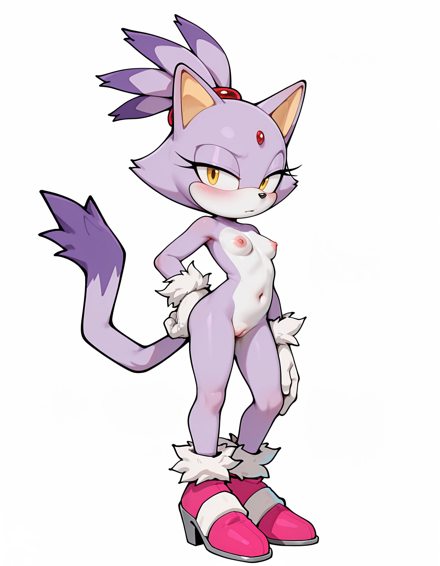 ai generated, blaze the cat, blush, breasts, cat ears, cat tail, feline, female, furry, katalystnya, naked, navel, nipples, purple fur, pussy, sega, shoes, small breasts, solo, sonic (series), yellow eyes