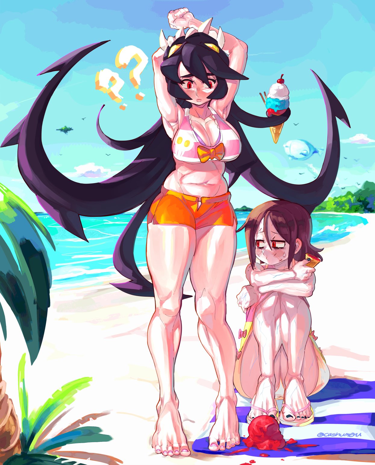 2girls armpits arms_behind_head bare_legs barefoot beach bikini black_hair blush breasts brown_hair carol_(skullgirls) cashumeru crouching feet female female_only filia_(skullgirls) ice_cream long_hair midriff nail_polish navel painwheel pout pouting red_eyes samson_(skullgirls) sandals short_hair short_shorts shorts skin_tight skullgirls thick_thighs thighs tight_clothing toenail_polish