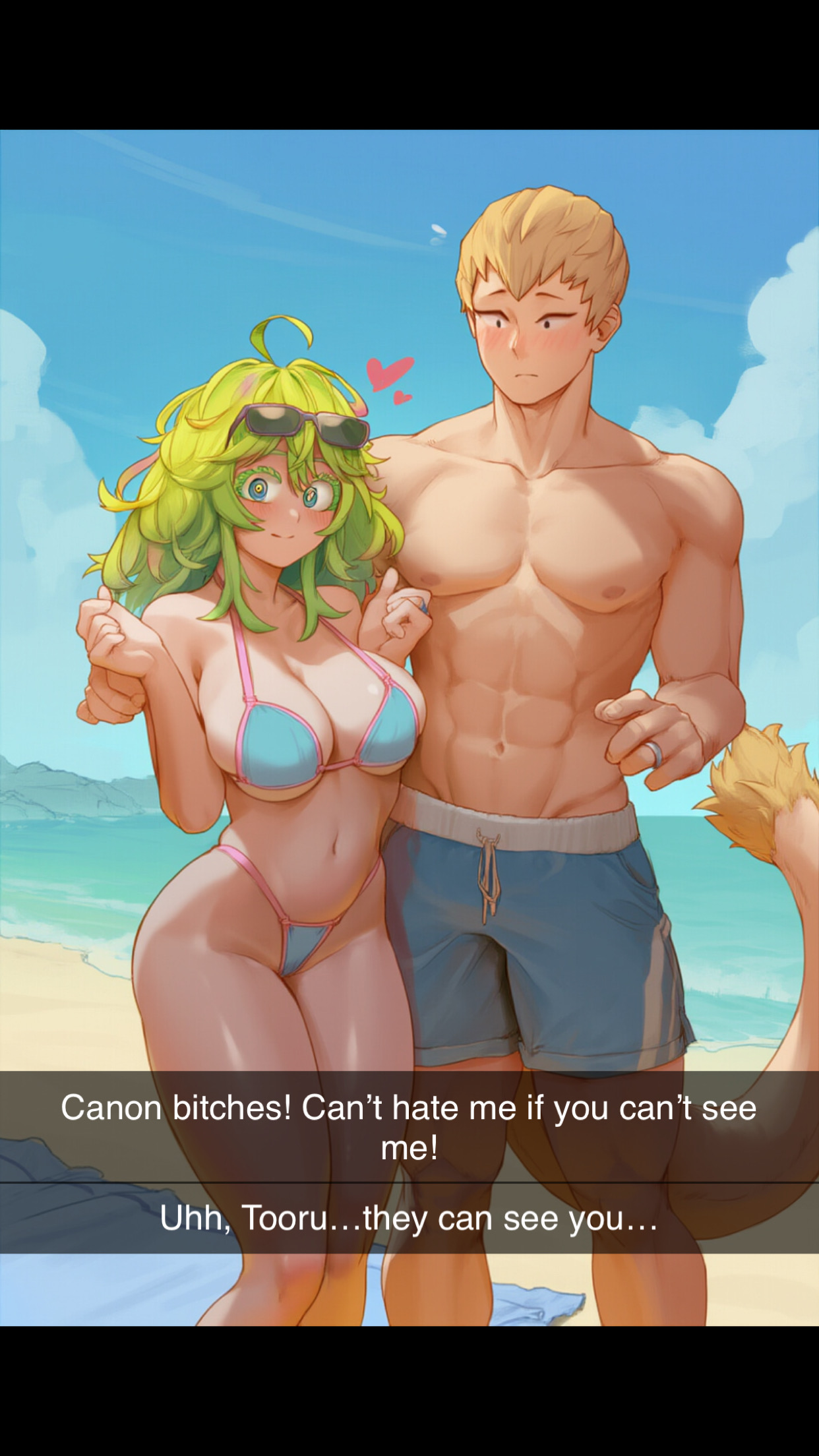 1boy, 1boy1girl, 1girls, abs, ai generated, ass, beach, bikini, boku no hero academia, breasts, couple, curvy figure, english text, female, hagakure tooru, hagakure tooru (visible), hearts around head, large ass, large breasts, male, mashirao ojiro, my hero academia, nullificater, ojiro mashirao, straight, swimsuit, tail, text, toned, toned male, tooru hagakure, tooru hagakure (visible)
