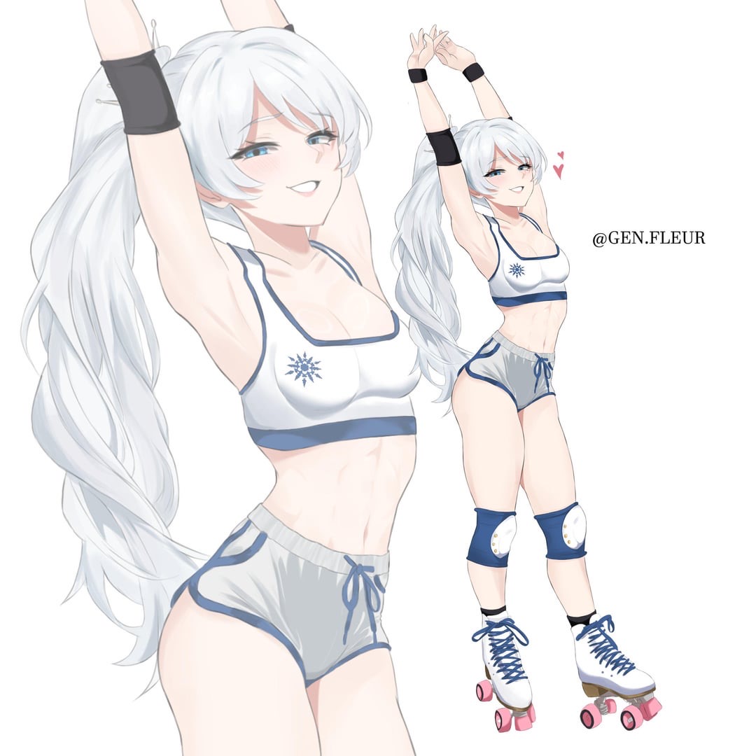 1girls, blue eyes, breasts, female, genfleur0108, gym clothes, gym shorts, long hair, long-haired female, roller skates, rwby, scar across eye, small breasts, solo female, weiss schnee, white hair, white-haired female