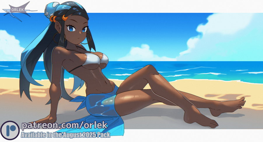 arm support, artist logo, artist name, beach, bikini, black hair, blue eyes, blue eyeshadow, blue hair, blue sarong, breasts, crossed legs, dark skin, dark-skinned female, earrings, eyeshadow, female, hair bun, hoop earrings, jewelry, logo, long hair, makeup, multicolored hair, nessa (pokemon), orlek, parted hair, pokemon, pokemon swsh, sarong, single hair bun, solo, swimsuit, two-tone hair, white bikini