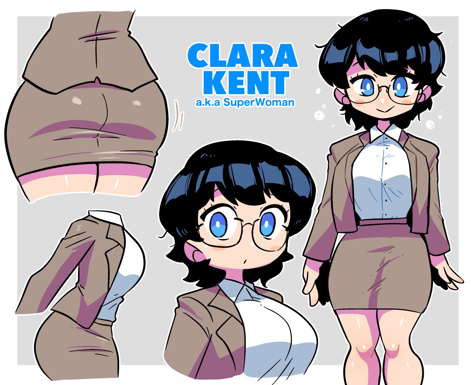 1girls, ass, ass focus, black hair, blue eyes, brown skirt, business suit, character sheet, clara kent, clothing, crap-man, cute, dc, dc comics, earth 11, english text, female, female only, genderswap, genderswap (mtf), glasses, highres, looking at viewer, medium hair, miniskirt, office lady, pencil skirt, red cheeks, rule 63, secret identity, skirt, skirt suit, solo, solo female, superman (series), tight skirt