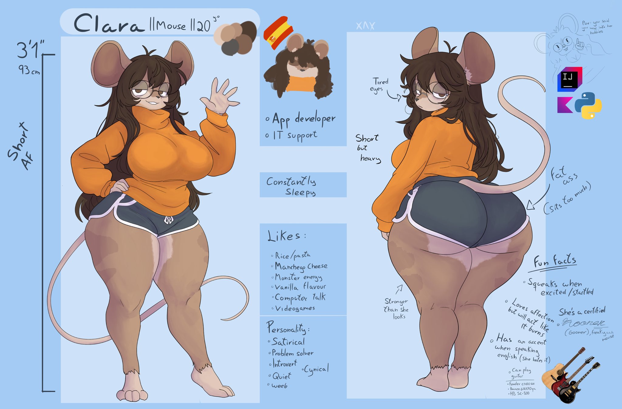 1girls, 2025, anthro, anthro female, arms up, ass, ass visible through thighs, big ass, big breasts, big butt, big tail, big thighs, breasts, brown fur, brown hair, buckteeth, character sheet, clara (xaxrla), eyeshadow, feet, female, flag, footwear, furry, furry female, guitar, gym shorts, hair, hand on hip, huge ass, huge breasts, huge butt, huge thighs, large ass, large breasts, large butt, large thighs, long hair, long sleeves, looking at viewer, looking back, measurements, mouse ears, mouse girl, mouse humanoid, mouse tail, nerd, nerdy, nerdy female, oc, original, original character, short female, short shorts, shorts, sleeves, small female, smaller anthro, smile, smiling, smiling at viewer, spain, tail, text, thick thighs, thighhighs, tired, tired expression, tired eyes, tired look, twitter, twitter link, twitter user oc, waving, waving at viewer, xaxrla