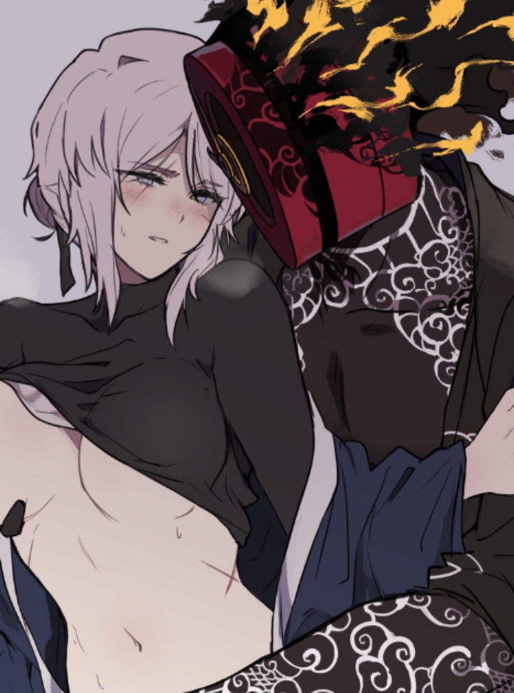 1girls, 1other, ambiguous gender, big breasts, blade lineage (identity) (project moon), blue eyes, blush, breasts, dante (limbus company), dark skin, dark-skinned male, faust (limbus company), faust (project moon), female, grabbing, grabbing another's breast, grabbing from behind, hair ornament, hair ribbon, irezumi, kurokumo clan (identity) (project moon), limbus company, medium hair, object head, pale-skinned female, project moon, rmenssari, scars, sweat, sweatdrop, sweating, tattoo, tattoo on arm, tattoo on chest, tattooed arm, white hair