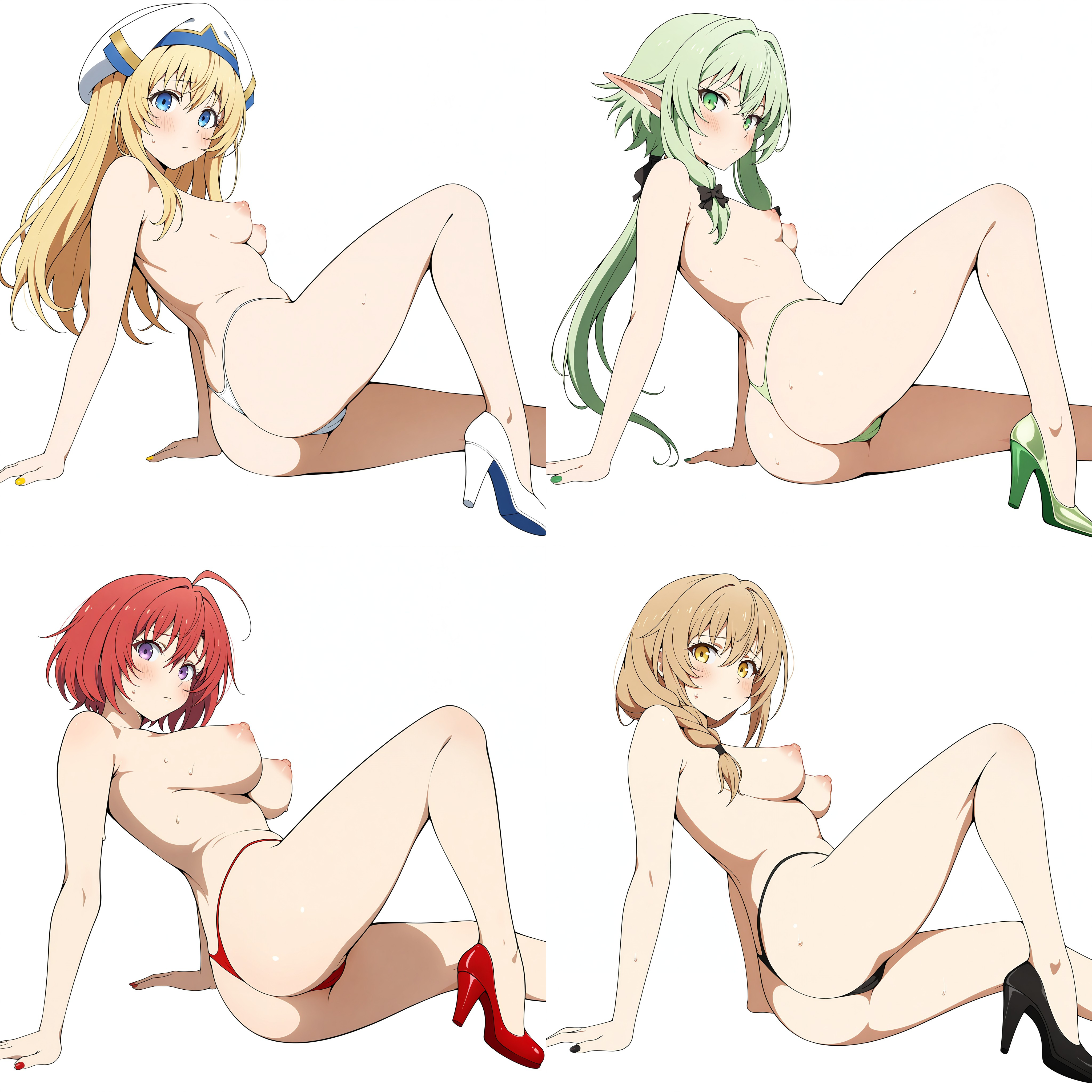 4girls, ahoge, ai generated, anus peek, aqua panties, arm support, ass, bare legs, bikini, bikini bottom only, black footwear, black panties, blonde hair, blue eyes, blush, boots, braid, braided ponytail, breasts, brown footwear, brown hair, cameltoe, closed mouth, colored shoe soles, cow girl (goblin slayer), crossed bangs, elf, female, female only, full body, g-string, goblin slayer, green bikini, green eyes, green footwear, green hair, green nails, green panties, guild girl (goblin slayer), hair between eyes, hair intakes, hair over shoulder, hairbow, hat, high elf archer (goblin slayer), high heels, highleg panties, invisible chair, knee up, large breasts, leg up, legs, long hair, looking at viewer, looking back, lying, medium breasts, micro panties, multiple girls, nail polish, navel, nipples, on side, orange hair, orange panties, panties, parted lips, partially visible vulva, pink hair, pointy ears, ponytail, priestess (goblin slayer), puffy nipples, purple eyes, red bikini, red eyes, red footwear, red hair, red panties, shoe soles, shoes, short hair, side braid, sidelocks, simple background, sitting, small breasts, smile, stiletto heels, strappy heels, string panties, sweat, swimsuit, take your pick, thighs, thong, topless, transparent background, twisted torso, two-tone footwear, underwear, underwear only, white background, white footwear, yellow eyes, yellow footwear, yellow panties