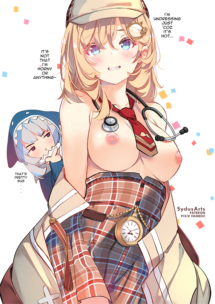 2girls areolae bare_shoulders big_breasts blonde_hair blue_eyes blush breasts cute cutting_board deerstalker detective edit english_text exposed_breasts female female_only gawr_gura hat hololive hololive_english hololive_myth human looking_at_viewer monocle multiple_girls nipples no_bra partially_clothed pocket_watch short_hair skirt smile stethoscope suspicious sydus text tie undressing virtual_youtuber watson_amelia