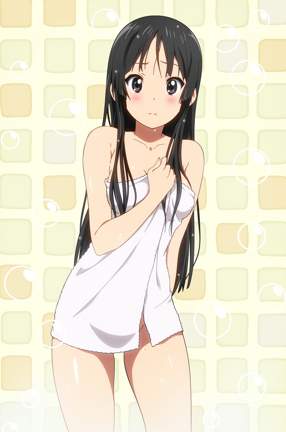 1girls, blush, embarrassed, female, female only, innocent, k-on!, long hair, looking at viewer, mio akiyama (k-on!), naked, solo, sweat, tagme, towel