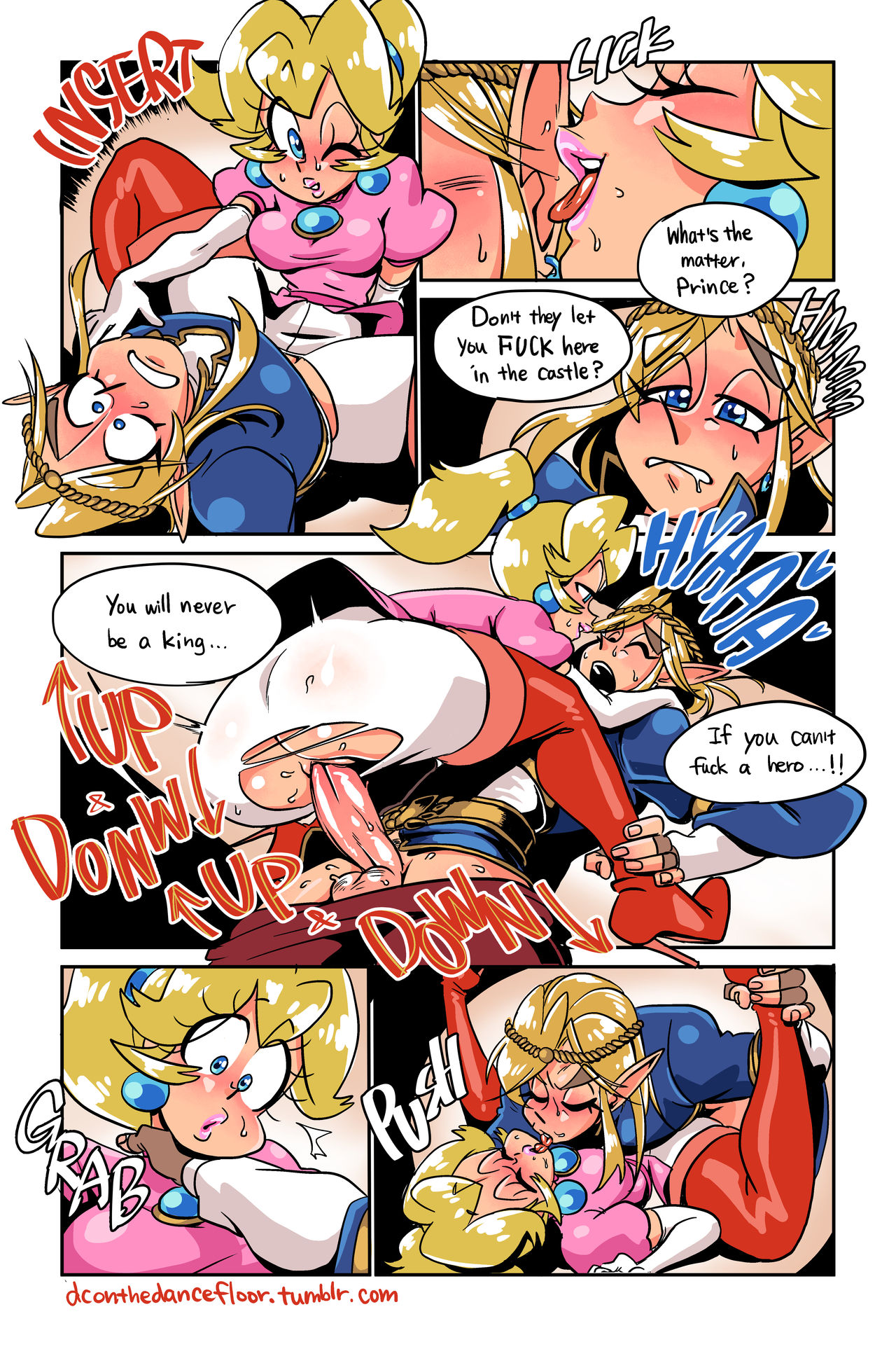 1boy, 1girls, ass, balls, blonde hair, blue eyes, blush, boots, breath of the wild, brooch, closed eyes, clothed, clothed sex, clothing, comic, crossover, crossover pairing, domination, ear licking, earrings, elbow gloves, english text, erection, eyebrows, eyelashes, female, grabbing, hair, hair ornament, high heel boots, highres, kissing, leg grab, legwear, licking, link, link (breath of the wild), lips, lipstick, long boots, male, mario (series), neck grab, nintendo, onomatopoeia, penetration, penis, pointy ears, ponytail, princess peach, pussy, reverse rape, sasatseng, seductive, sex, speech bubble, straight, super smash bros., sweat, teasing, teeth, testicles, text, the legend of zelda, thigh boots, thighhigh boots, tied hair, tongue, tongue out, vagina, vaginal penetration, veiny penis, web address, wide eyed