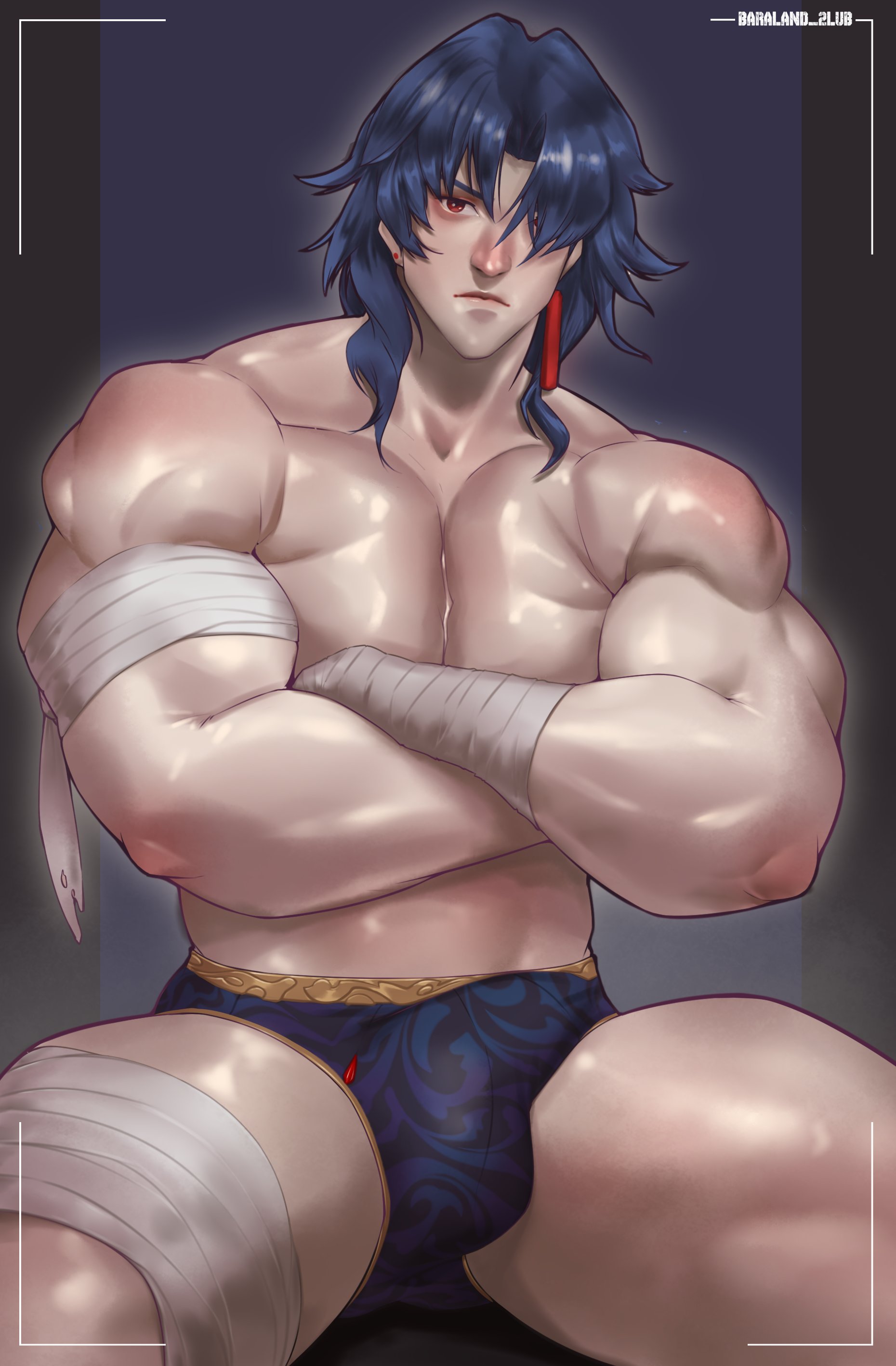 1boy, 2lubkhland, artist name, bara, big bulge, blade (honkai: star rail), blue hair, bulge, gay, honkai: star rail, looking at viewer, male, male focus, male only, muscles, muscular, muscular arms, muscular chest, muscular male, solo, solo focus, solo male, text, underwear, underwear only, yaoi