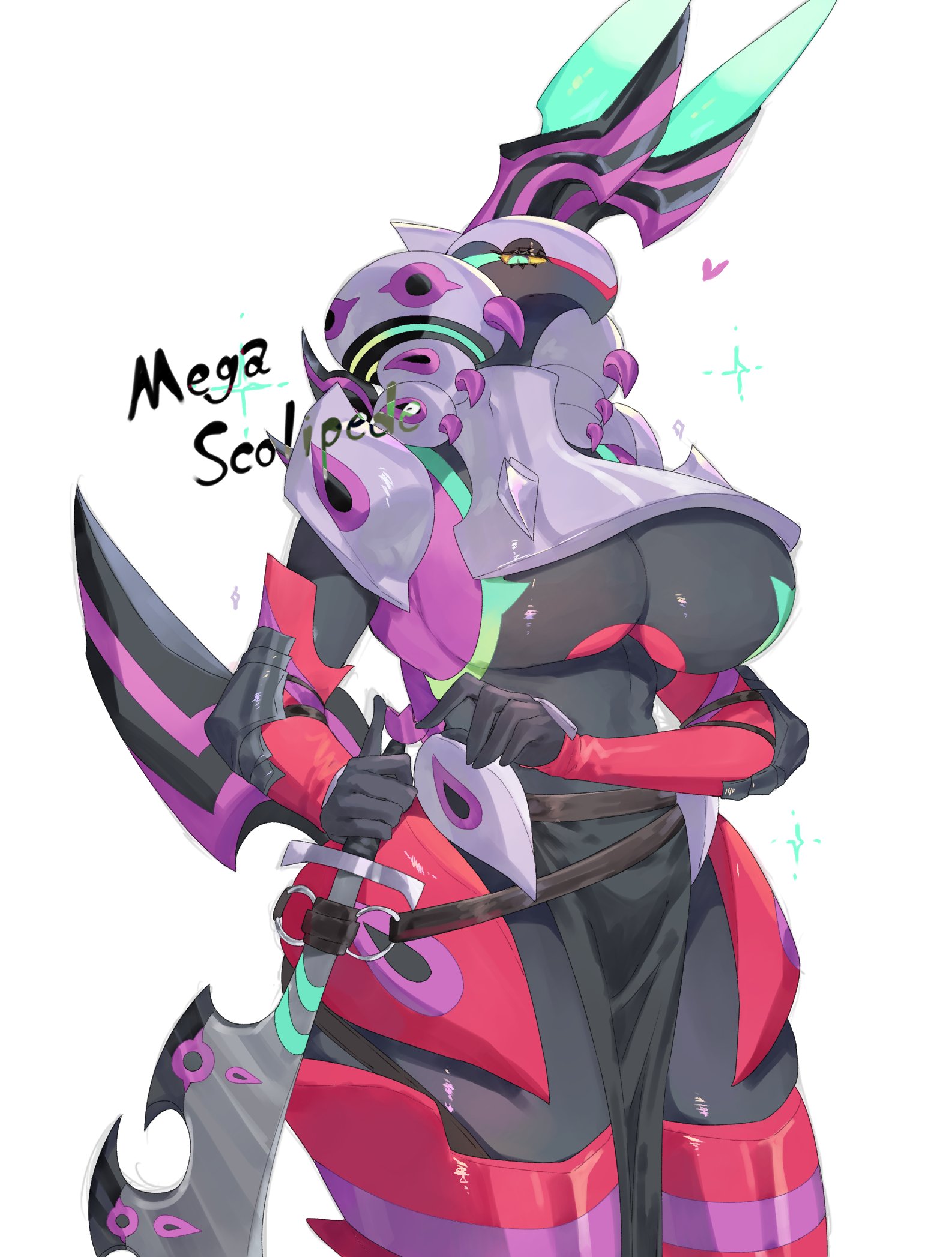1girls, anthro, armor, big breasts, big thighs, english text, female, female only, generation 9 pokemon, green eyes, hi res, light green eyes, loincloth, looking at viewer, mega evolution, mega pendror, mega scolipede, narrowed eyes, nintendo, pendror, pokemon, pokemon (species), scolipede, sketch, solo, sword, text, thick thighs, toge77789, togetoge, white background, yellow sclera