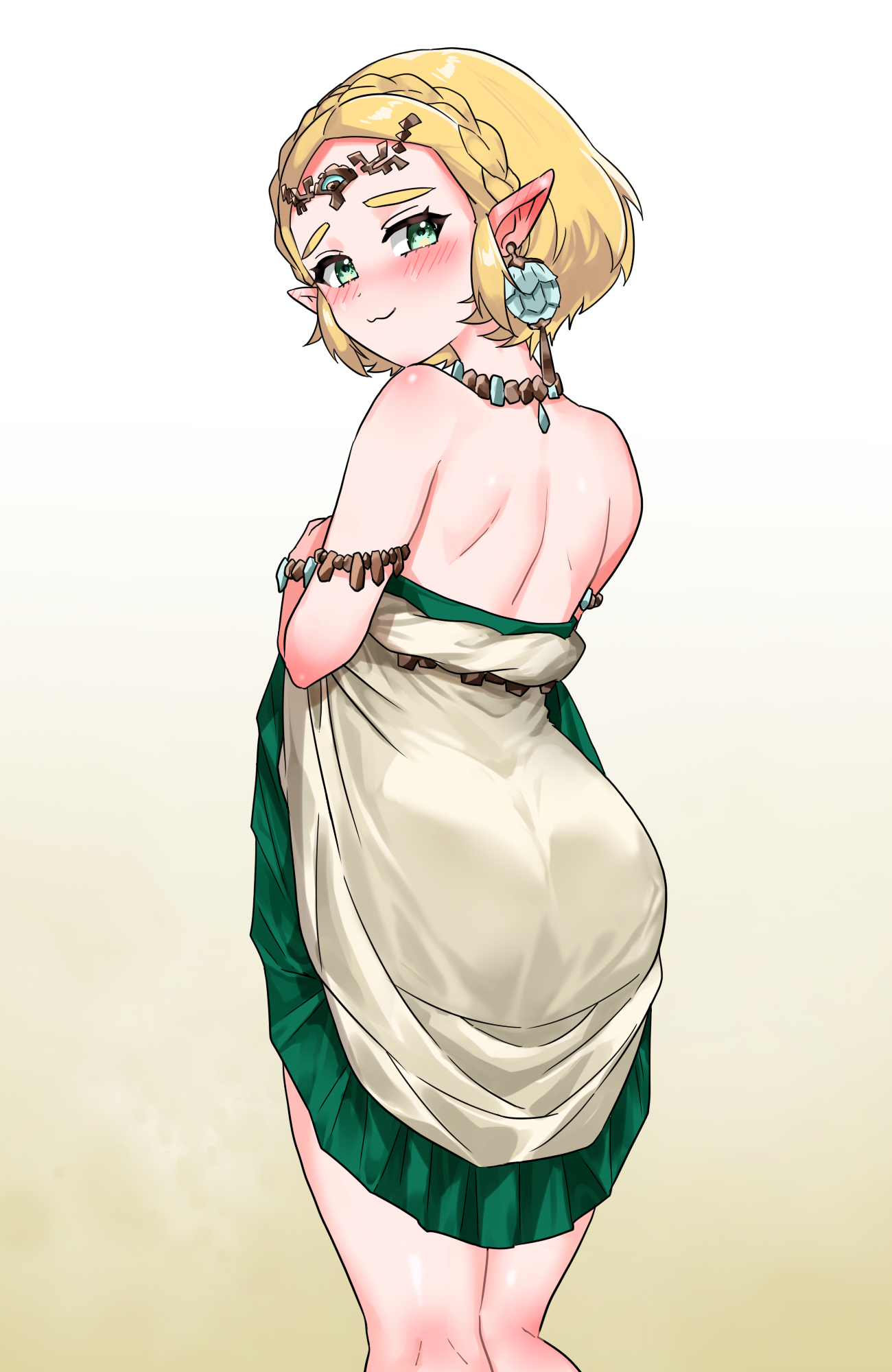 1girls, armlet, bags under eyes, bare shoulders, blonde hair, blush, bracelet, braid, closed mouth, clothes lift, commentary request, crown braid, dress, dress lift, earrings, feet out of frame, female, female only, from behind, gradient background, green eyes, highres, jewelry, looking at viewer, looking back, necklace, nintendo, pointy ears, princess zelda, short hair, solo, strapless, strapless dress, tears of the kingdom, the legend of zelda, wasabi (legemd), white dress, yellow background, zelda (tears of the kingdom)