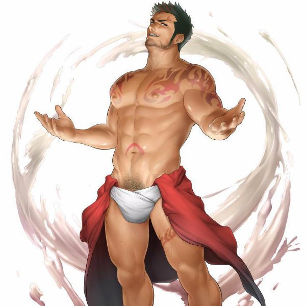 1boy abs beard biceps black_hair body_markings facial_hair male male_focus male_only mentaiko nipples partially_clothed pecs pectorals priapus pubic_hair shirtless solo solo_male tattoo underwear white_underwear