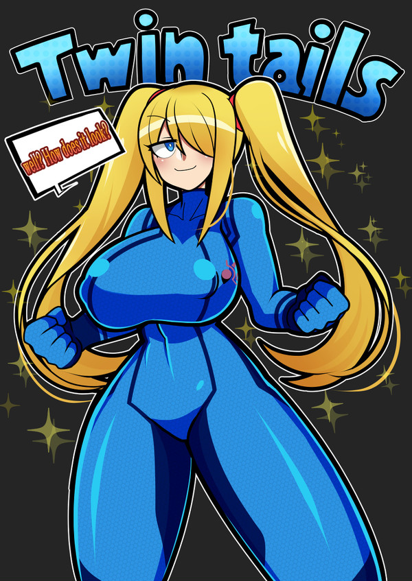 1girls big_breasts blonde_hair bodysuit breasts female female_only hair_over_one_eye human iriomote_umineko metroid nintendo nipple_bulge pale_skin samus_aran solo solo_female source_request speech_bubble tagme thighs tight_clothing twintails zero_suit zero_suit_samus