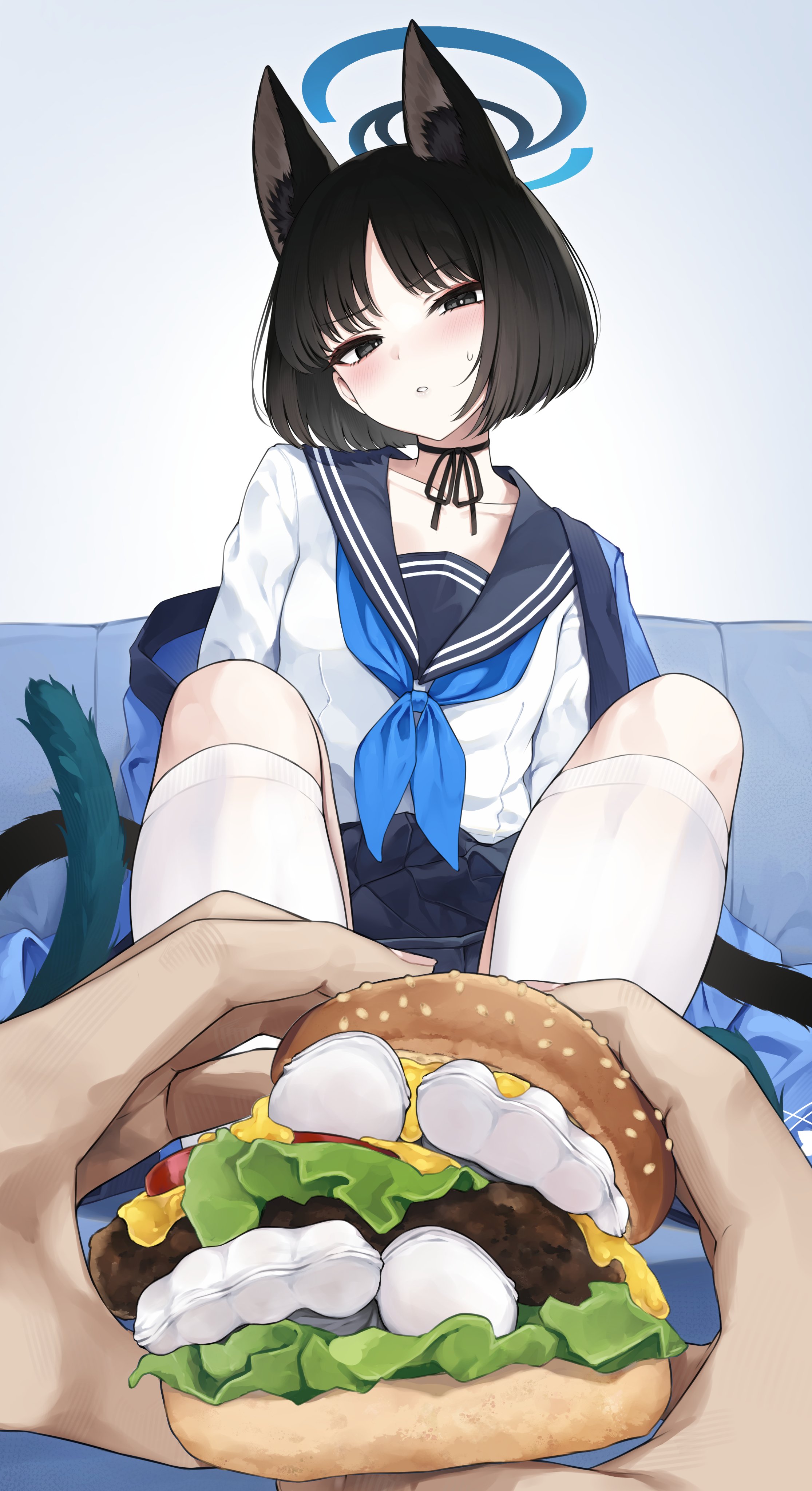 absurdres, animal ear fluff, animal ears, black hair, black skirt, blue archive, blue halo, blue neckerchief, blue sailor collar, blush, breasts, burger, cat ears, cat girl, collarbone, commentary, feet, feet burger, feet burger (meme), feet in food, female, food, foot focus, foreshortening, grey background, grey eyes, halo, haori, highres, holding, hyouta (yoneya), japanese clothes, kikyou (blue archive), knees up, long sleeves, looking at viewer, medium hair, meme, neck ribbon, neckerchief, no shoes, off shoulder, parted bangs, pleated skirt, pov, ribbon, sailor collar, sitting, skirt, small breasts, socks, solo focus, sweatdrop, tabi, toe seam, toes, white socks