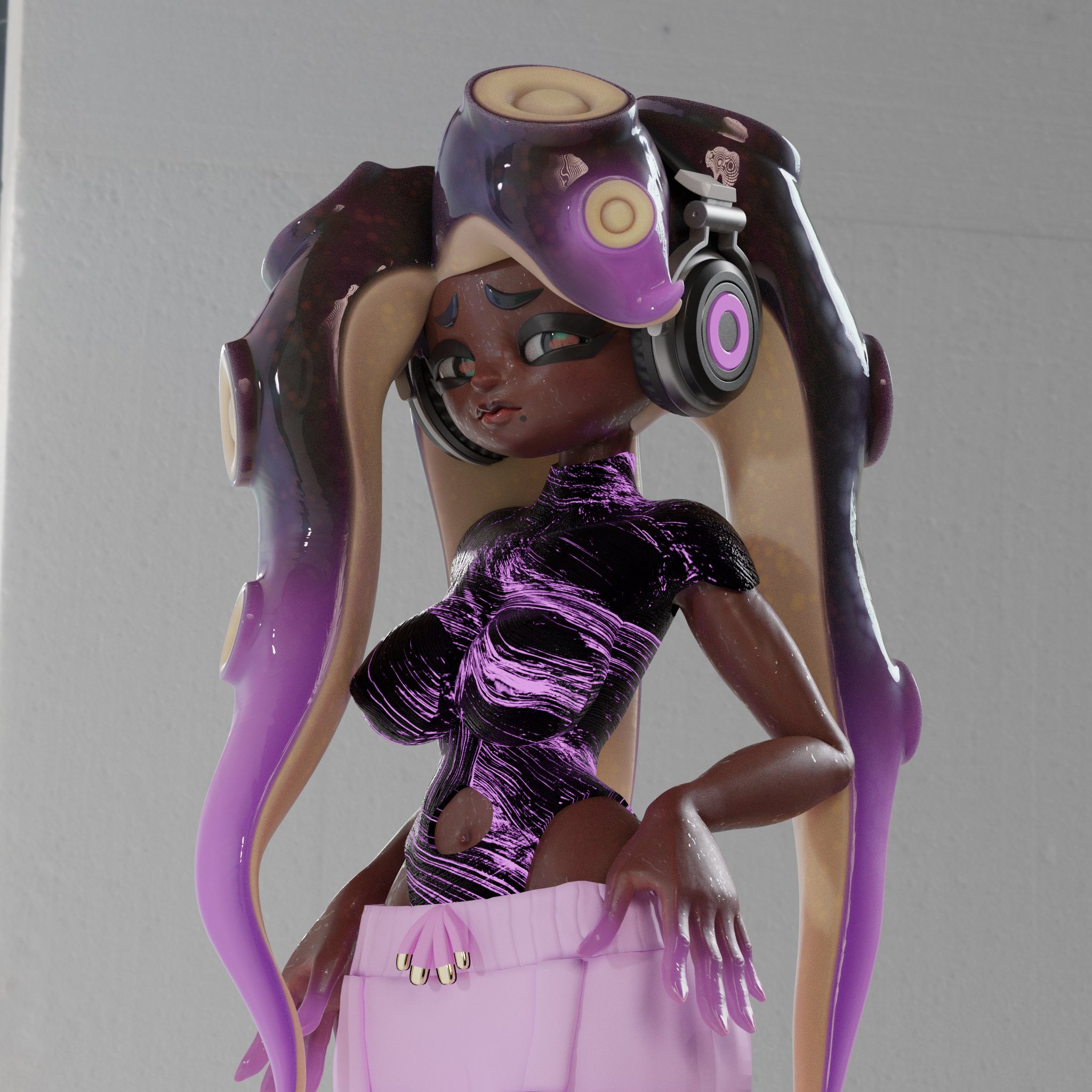 2022, 3d, 3d (artwork), 3d model, 3d render, alternate costume, ass, black shirt, black skin, blush, breasts, clothed, clothing, dark hair, dark skin, dark-skinned female, fully clothed, grey background, hand on hip, headgear, headphones, headwear, hips, long hair, marina (splatoon), marina (wo262), multicolored eyes, nexusmind, nintendo, octoling, octoling girl, older version, one-piece swimsuit, pants, pink panties, pink pants, polish, polish female, purple hair, purple shirt, purple skin, shiny hair, shiny skin, short sleeves, simple background, simple shading, slim waist, small waist, smooth skin, soft skin, splatoon, splatoon (series), splatoon 2, splatoon 3, tentacle, tentacle hair, toned, toned female, two-tone body, two-tone hair, wide hips, wo262 (3d model style)