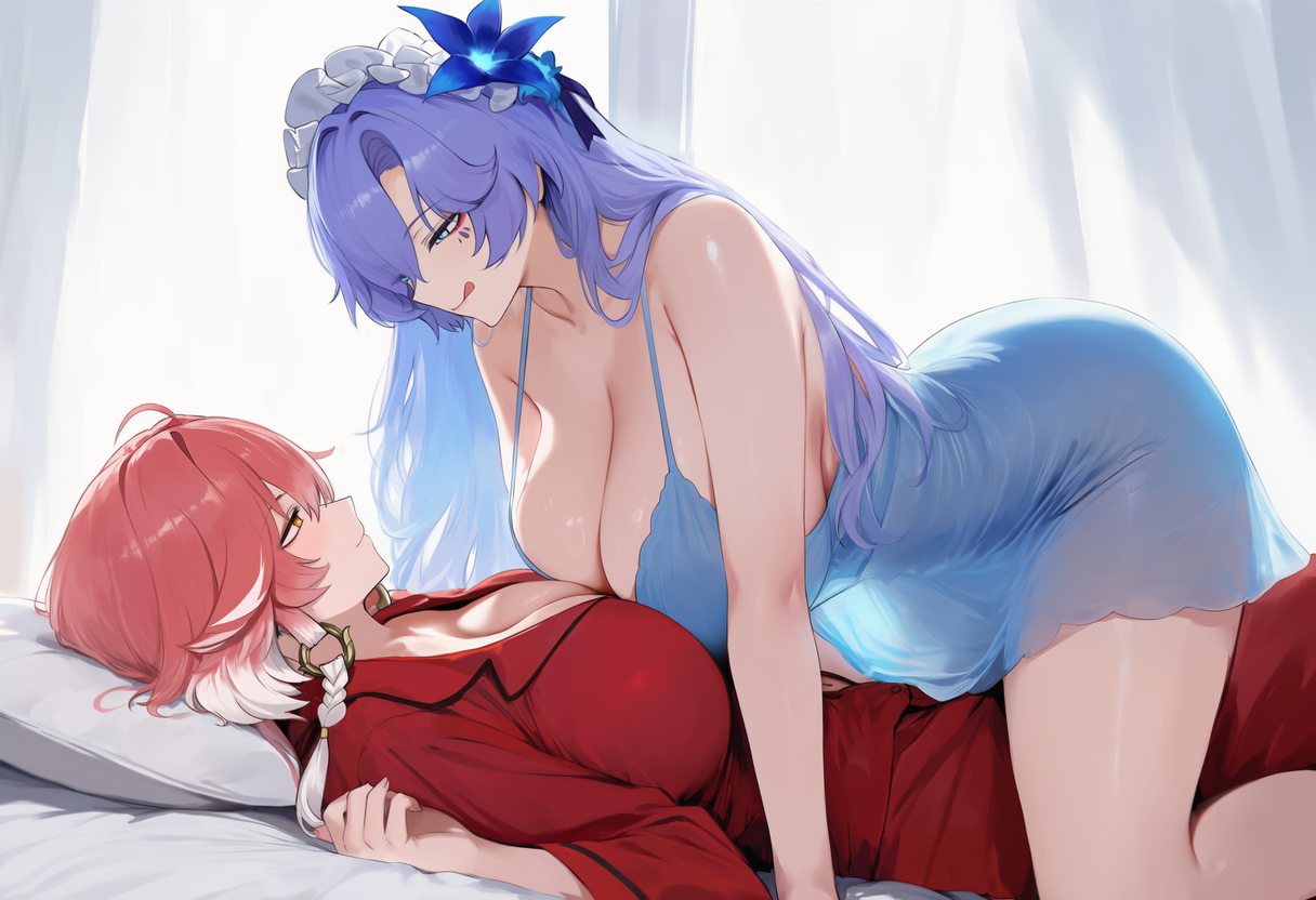 ai generated, big ass, big breasts, breast press, cantarella (wuthering waves), changli (wuthering waves), curvaceous, curvy, curvy female, dominant female, female on female, hucow86, licking lips, looking at another, lying on back, lying on bed, nightgown, submissive female, wuthering waves, yuri