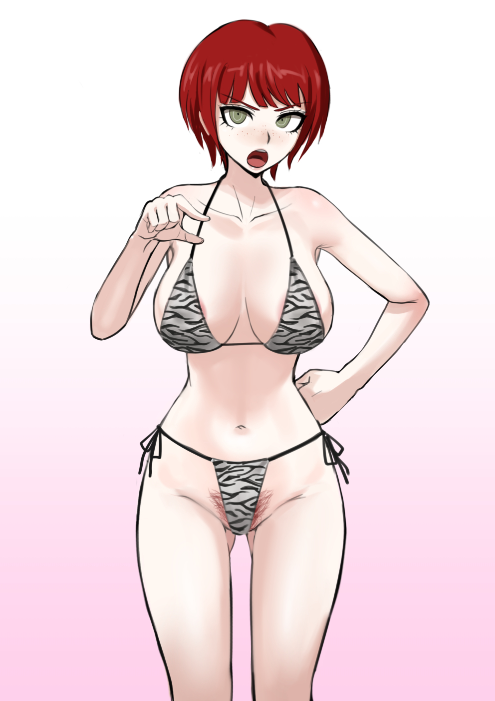 1girls akizora angry big_breasts bikini busty danganronpa danganronpa_2:_goodbye_despair female freckles hourglass_figure huge_breasts koizumi_mahiru large_breasts lecturing_viewer looking_at_viewer pubic_hair pubic_hair_peek red_hair red_pubic_hair solo solo_female straight_hair voluptuous voluptuous_female zebra_bikini