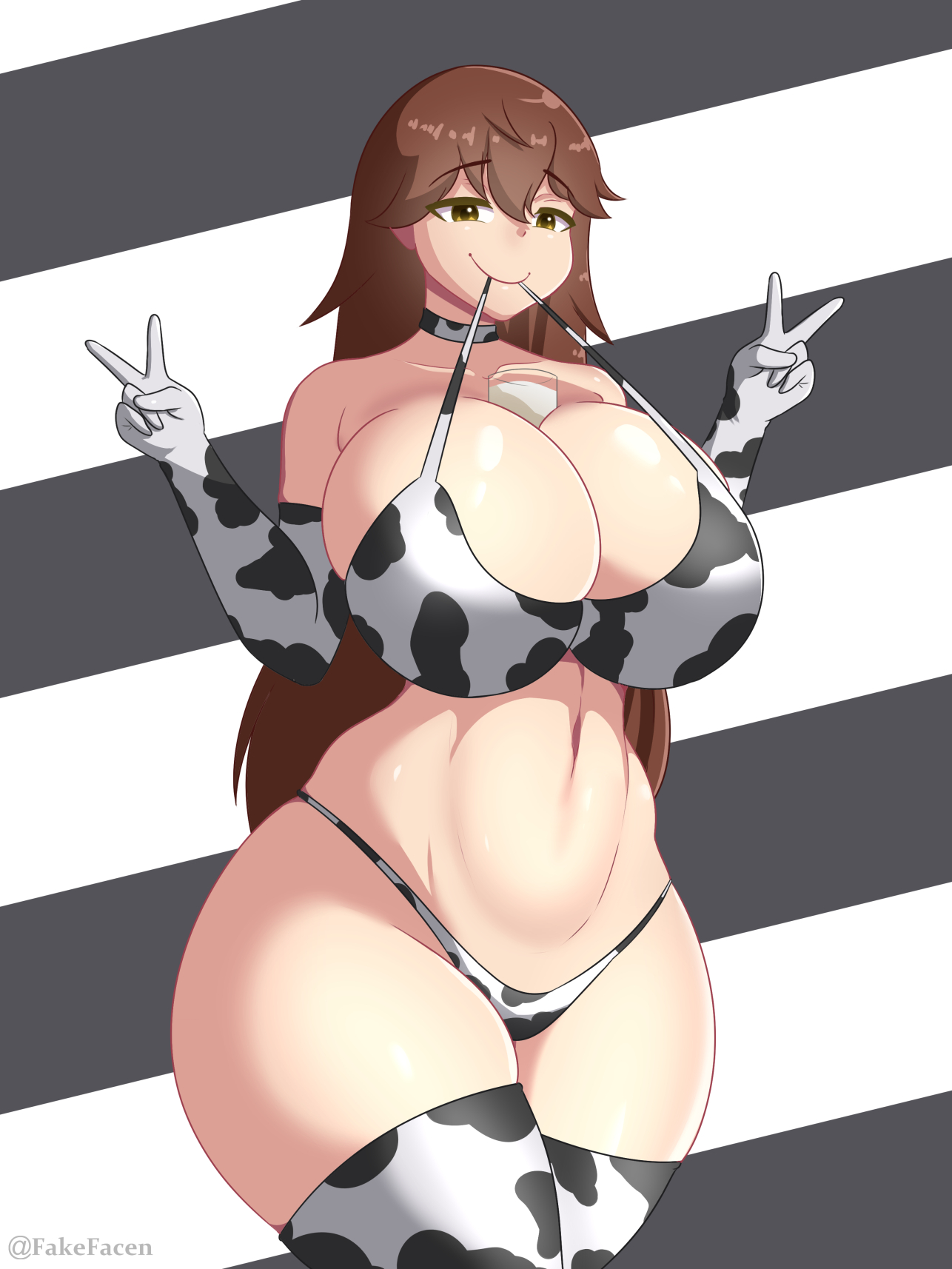 breasts, breasts bigger than head, brown hair, cow bikini, cow print, double v, fake face, female, female only, huge breasts, light skin, light-skinned female, milk, peace sign, smile, smiling, solo female, v