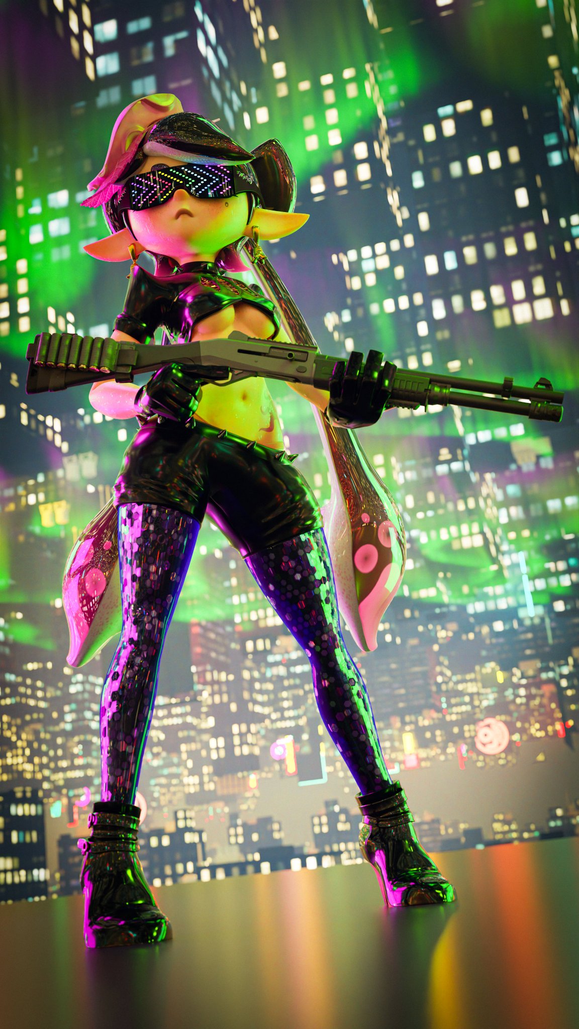 3d, 3d (artwork), 3d model, 3d render, abstract background, absurd res, aura farming, bangs, benelli m4, black hair, bow, bowtie, breasts, callie (mandalafurikake), callie (splatoon), city, city background, city lights, cityscape, crop top, earrings, exposed stomach, glasses, gloves, goes hard, gun, hair rings, hi res, high heels, high quality, highres, hips, hypno shades (splatoon), inkling, inkling girl, leggings, long hair, neon glasses, neon lights, nexusmind, nintendo, not porn, octo callie, pink hair, pointy ears, ranged weapon, shades, shorts, shotgun, sleek body, slim, slim waist, splatoon, splatoon (series), splatoon 2, splatoon 3, stomach, stomach tattoo, tattoo, tentacle, tentacle hair, thighhighs, thighs, tied hair, two-tone hair, weapon, wide hips, wo262 (3d model style)