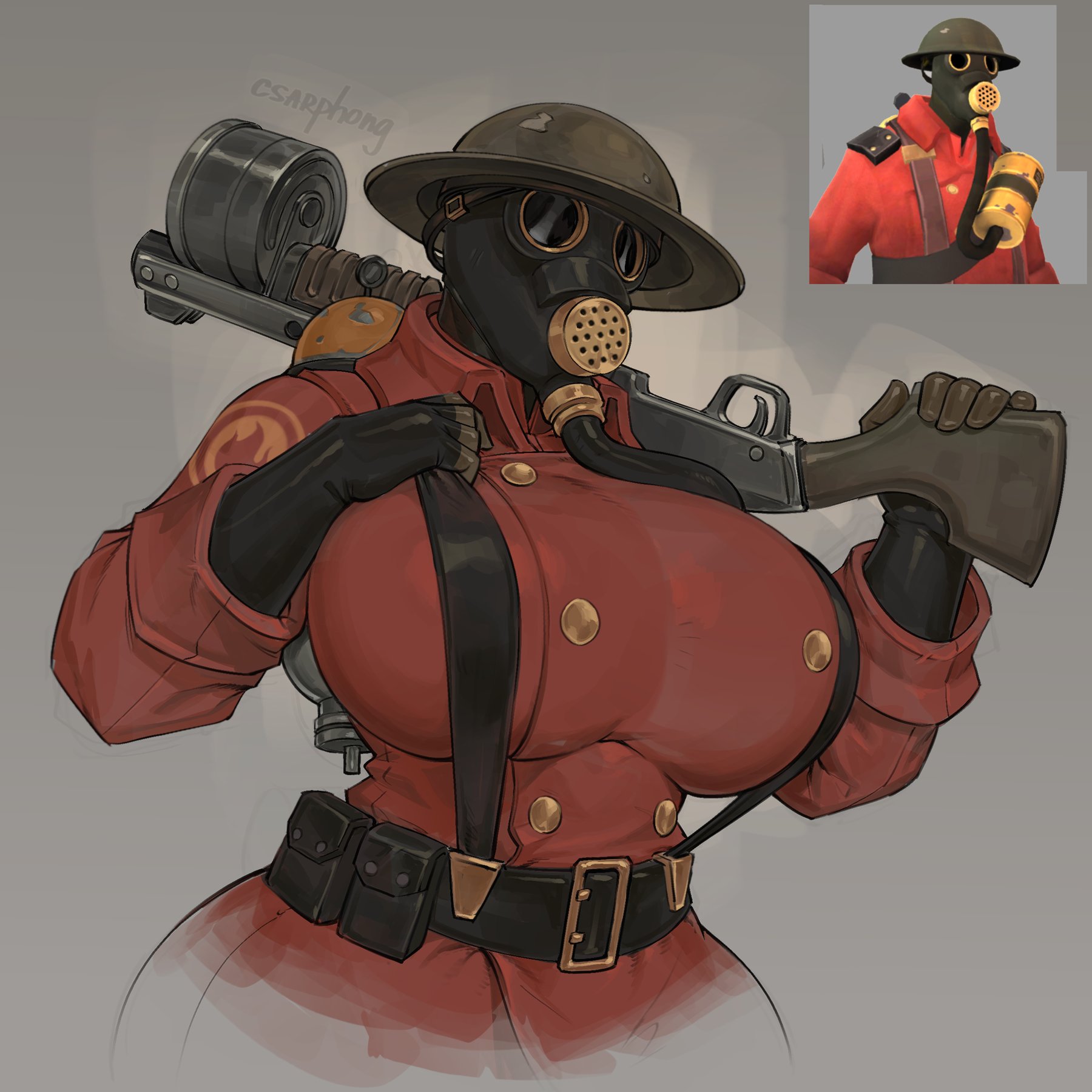 csarphong, fempyro, helmet, hourglass figure, huge breasts, large breasts, latex, pyro, pyro (team fortress 2), reference image, shotgun, tagme, team fortress 2, watermark, wide hips