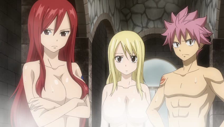 1boy, 2girls, abs, absolutely nothing on, arm tattoo, arms crossed, arms crossed under breasts, athletic female, bathhouse, bathroom, big breasts, black-eyed male, blonde hair, blonde-haired female, blue tattoo, brown eyes, brown-eyed female, canonical scene, casual nudity, closed mouth, collarbone, completely naked, completely naked female, completely naked male, completely nude, completely nude female, completely nude male, convenient censoring, crossed arms, erza scarlet, eyebrows, eyelashes, fairy tail, fairy tail mark, fit female, large breasts, light-skinned female, linea alba, long hair, long-haired female, looking at viewer, lucy heartfilia, mixed bathing, muscular male, naked, natsu dragneel, nude, nudism, nudity, onsen, pink hair, pink-haired male, red hair, red tattoo, red-haired female, screencap, shiny skin, shoulder tattoo, spiky hair, standing, steam, stone wall, tattoo, toned female, upper body, voluptuous, voluptuous female, water, water drop