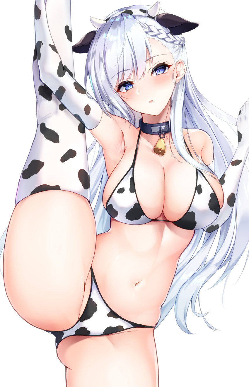 azur lane, belfast (azur lane), cow ears, cow print, cowbell, splits, tagme, vertical splits