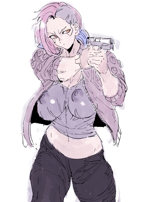 action pose, areolae, asymmetrical hair, bare midriff, big breasts, breasts, busty, casual, cropped jacket, cybernetics, cyberpunk, cyberpunk 2077, erect nipples, female, female focus, female only, firearm, gun, handgun, hourglass figure, human, jacket, large breasts, long hair, meisamu, navel, nipples, outerwear, pants, pistol, red hair, see-through, see-through clothing, sketch, sleeves rolled up, streetwear, v (cyberpunk 2077), valerie (cyberpunk 2077), weapon, wide hips
