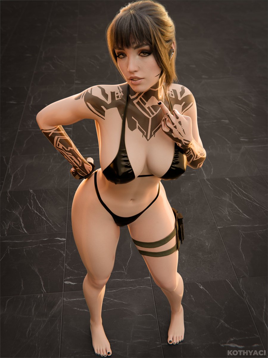 1girls, 3d, 3d (artwork), bikini, black hair, black nails, call of duty, call of duty black ops 7, clothed, emma kagan, female, gesture, goth, goth girl, kiernan shipka, kothyaci, light skin, light-skinned female, medium breasts, nail polish, pleasure face, tattoo, tattoo on arm, tattooed arm, tattoos, thick thighs, treyarch, white body