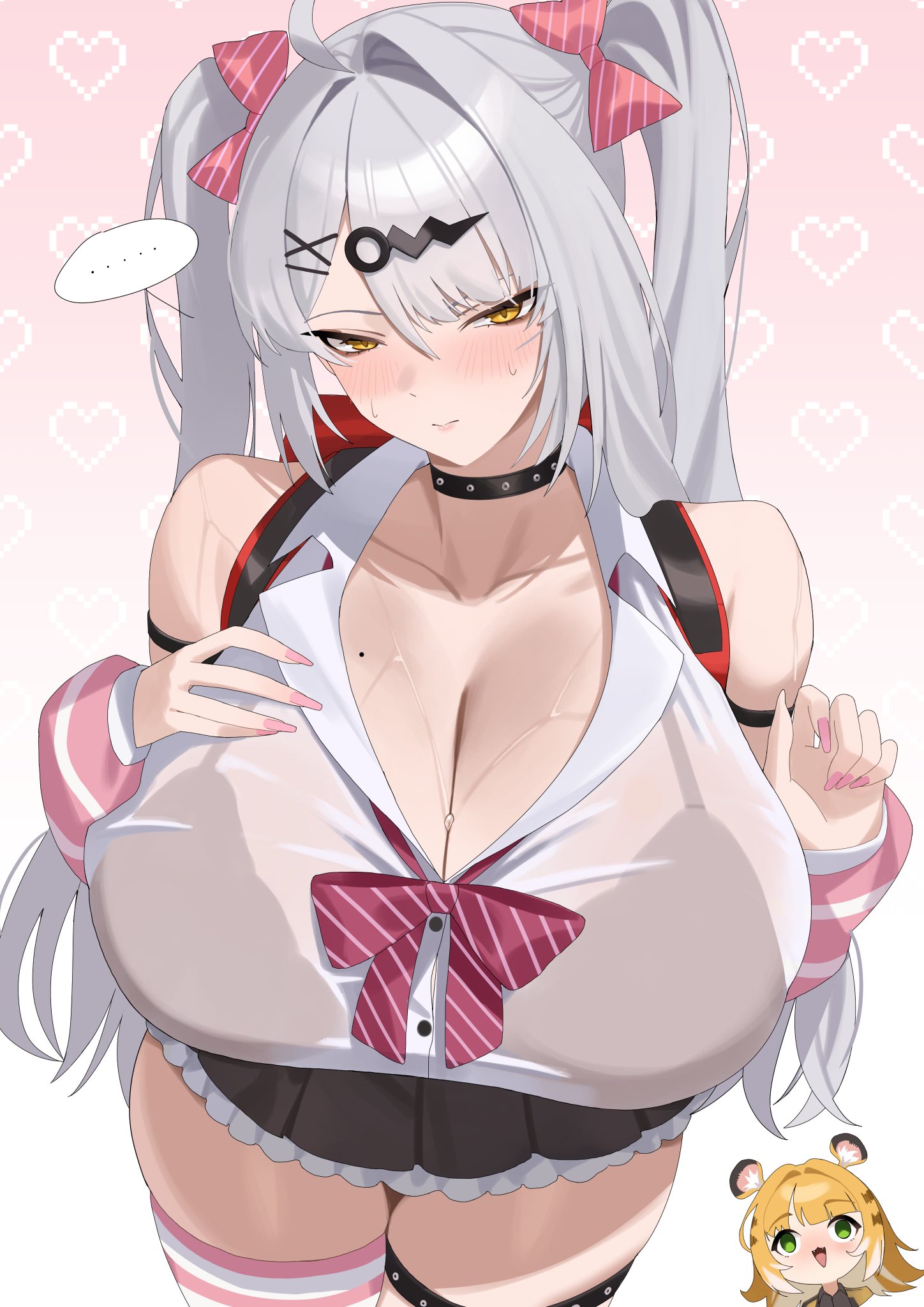 ., ..., 2020s, 2026, 2d, 2d (artwork), 2d artwork, 2girls, 5 fingers, angels of delusion, armwear, big boobs, big breasts, big thighs, big tits, big titties, blush, blush lines, blushing, blushing female, blushing profusely, boobs, bra, bra visible through clothes, breasts, chibi, cleavage, clothed, clothed female, clothes, collar, cosplay, cropped legs, ddog, ddooooogkun (d2og kun), dialogue bubble, digital drawing (artwork), digital media, digital media (artwork), eyebrows, eyelashes, eyes, eyes open, female, female focus, female only, fingernails, fingers, green eyes, grey hair, hoyoverse, ju fufu, ju fufu (zenless zone zero), large boobs, large breasts, large tits, light body, light skin, light skin female, light skinned, light skinned female, light-skinned female, long hair, long hair female, mihoyo, mihoyo technology (shanghai) co. ltd., mommy, multicolored hair, nail polish, nailpolish, nails, nails painted, painted fingernails, painted nails, partially clothed, partially clothed female, ponytail, ponytail female, ponytails, revealing clothes, revealing clothing, revealing outfit, see-through shirt, sexually suggestive, sexy, sexy body, sexy female, simple background, skirt, stocking, suggestive, suggestive look, sunna (zenless zone zero) (cosplay), sweat, sweating, sweaty body, text, text bubble, thick thighs, thighs, thiren, tits, two-tone hair, video game character, video game franchise, voluptuous, voluptuous body, voluptuous female, yellow eyes, yellow hair female, yixuan (zenless zone zero), yunkui summit, zenless zone zero