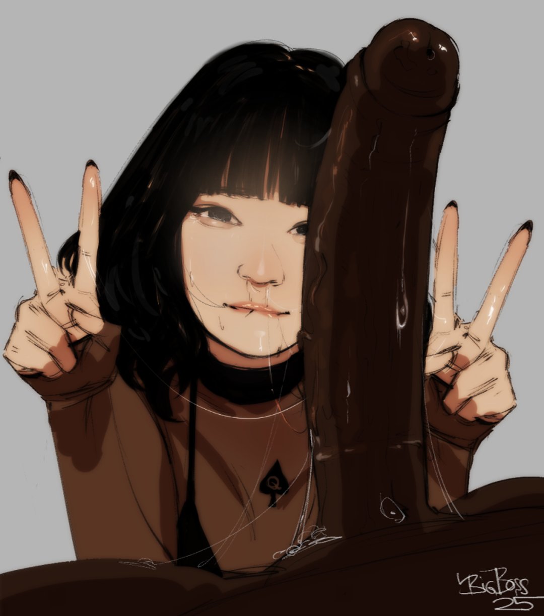 1boy, 1girls, 2d, 2d (artwork), after fellatio, after oral, asian, asian female, bangs, big penis, bigbossrequiem, black body, black hair, choker, clothed female nude male, collar, color, cute, dark skin, dark-skinned male, double peace sign, drool, eyes open, fellatio, huge cock, illustration, interracial, light skin, light-skinned female, long hair, looking at viewer, original, original character, peace sign, penis, pov, queen of spades, saliva, saliva on penis, saliva string, saliva trail, smaller female, uncensored, v-sign