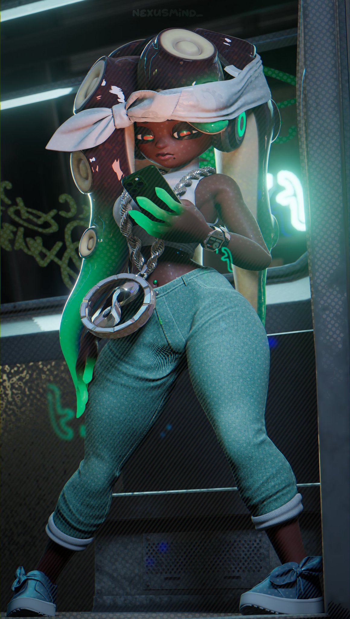 3d, 3d (artwork), 3d model, background, bandana, big ears, black body, black hair, bottomwear, chains, clothed, clothing, crop top, cuffs (clothing), dark skin, dark-skinned female, filter, full body, gradient background, graffiti, graffiti on wall, green eyes, green hair, green pants, hand on thigh, headgear, headphones, headwear, hi res, high quality, highres, hip focus, hips, hips wider than shoulders, holding object, holding phone, iphone, jeans, legs, legs apart, long hair, looking at phone, looking away, marina (splatoon), marina (wo262), marina ida, multicolored eyes, nexusmind, nintendo, octoling, octoling girl, pants, phone, render, shoes, slim waist, splatoon, splatoon (series), splatoon 2, splatoon 3, subway, subway train, swaying, swaying hips, tank top, tentacle, tentacle hair, topwear, two-tone hair, watch, wo262 (3d model style), wristwear