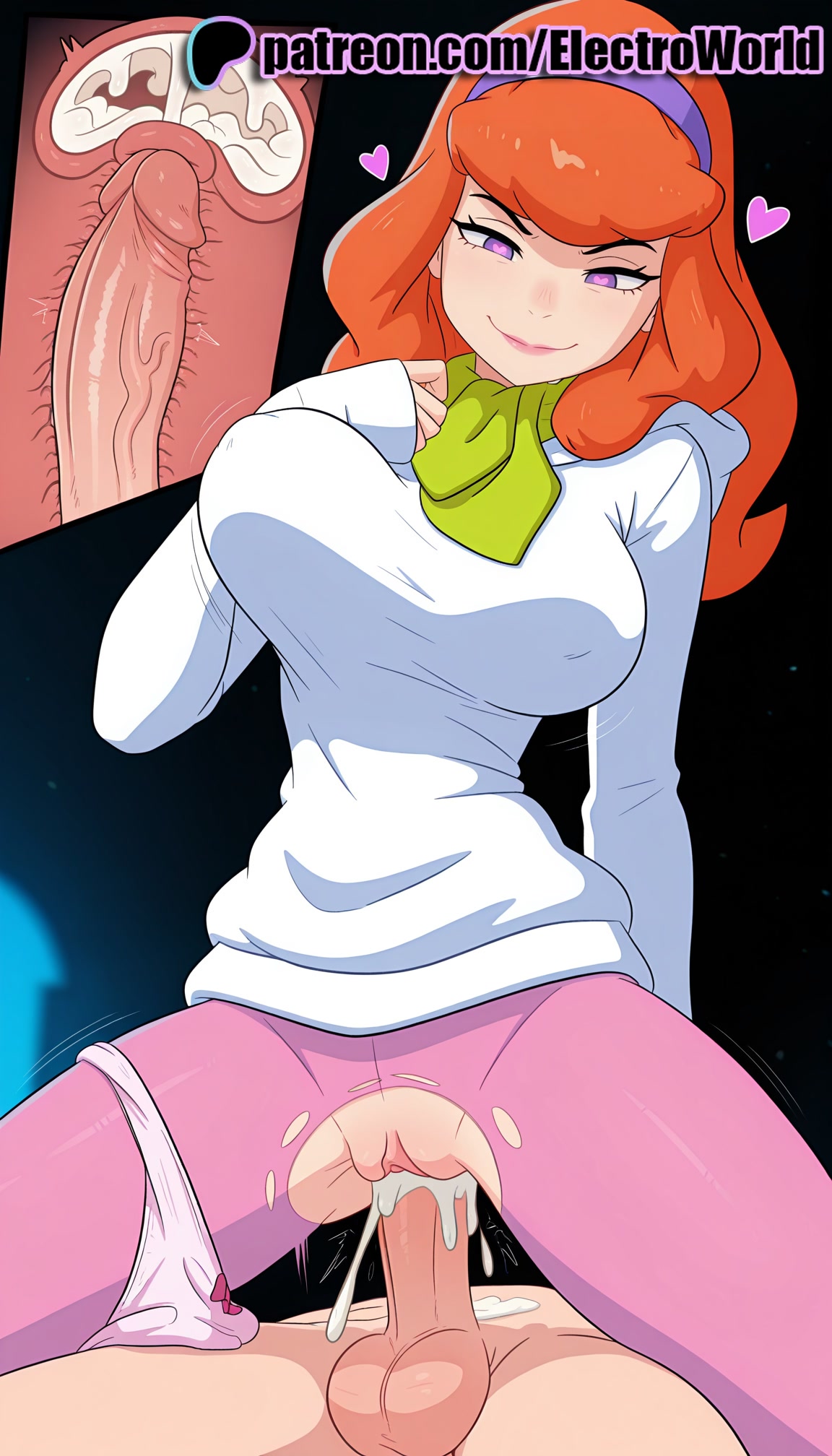 1boy, 1girls, 2025, ai generated, artist name, cervix, clit, clitoris, clothed sex, cock, cowgirl position, cross section, cum, cum in pussy, cum in uterus, daphne blake, deep penetration, dick, ejaculation, electroworld, exposed clitoris, female, fucking, hairband, heart, hi res, high quality, high resolution, highres, intercourse, internal cumshot, legs apart, legs spread, love making, magic circle, open legs, orange hair, overflow, ovum, panties, pantyhose, patreon, patreon username, penetration, penis, purple eyes, scooby-doo, sex, sexual intercourse, smile, solo focus, sperm cell, splayed legs, spread legs, stable diffusion, straight, testicles, torn clothes, torn legwear, torn pants, uncensored, underwear, uterus, vaginal penetration, watermark, x-ray