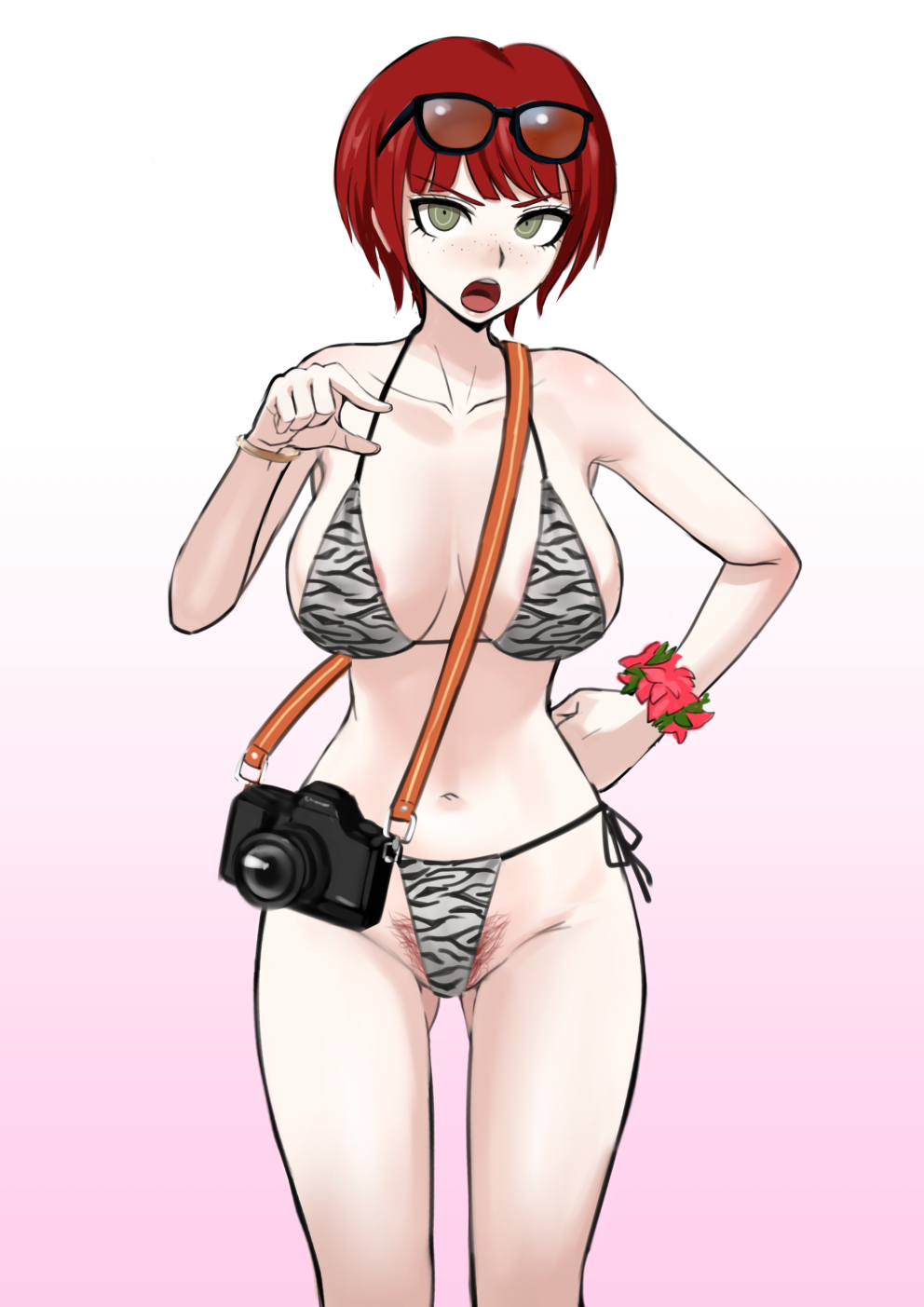 akizora angry bikini camera danganronpa danganronpa_2:_goodbye_despair female freckles glasses_on_head koizumi_mahiru large_breasts lecturing_viewer looking_at_viewer pubic_hair pubic_hair_peek red_hair red_pubic_hair solo solo_female straight_hair zebra_bikini