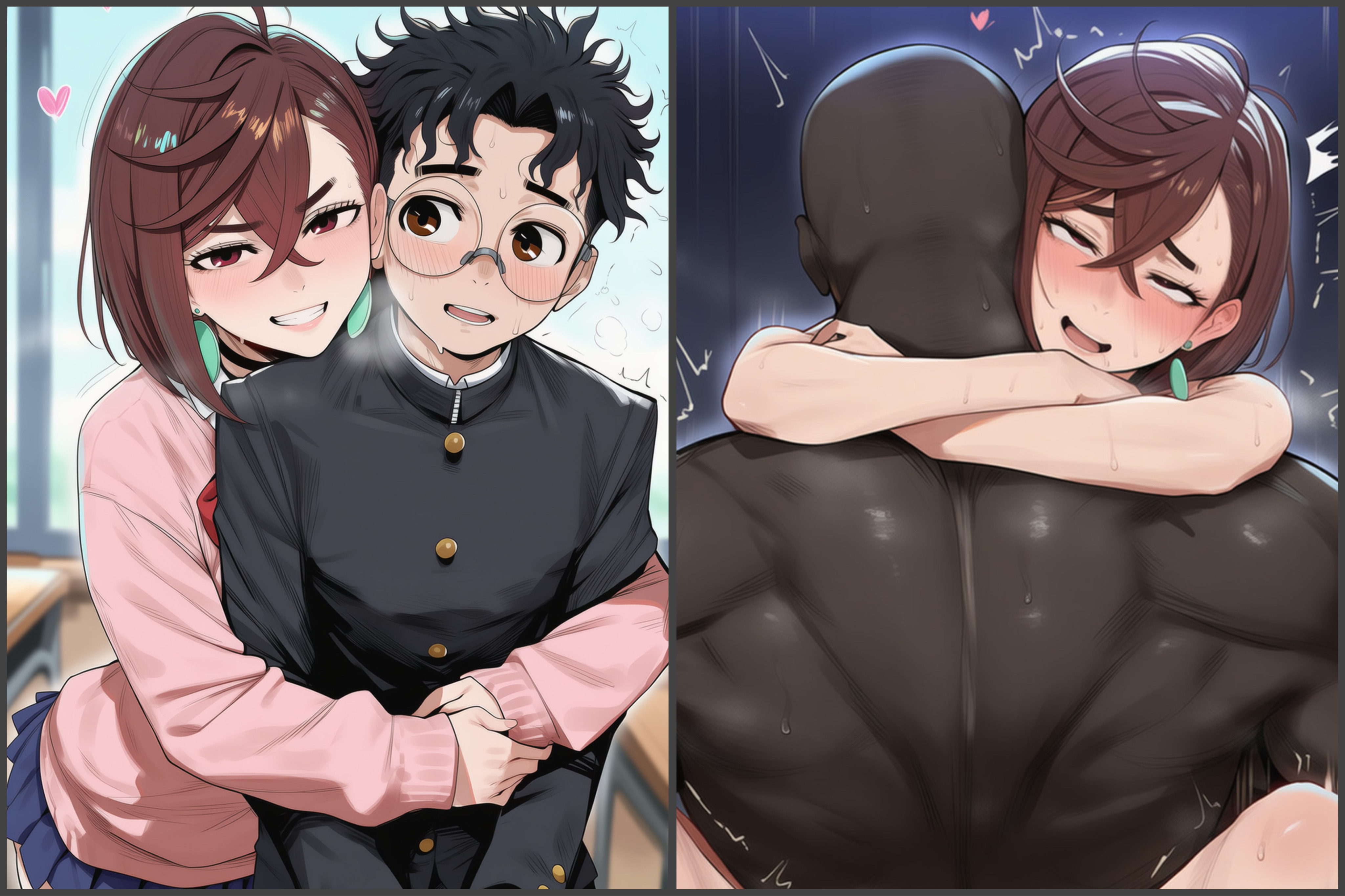 1boy1girl, 1girls, 2boys, ai generated, ayase momo, bald male, before and after, blush, brown hair, canon genderswap, cheating, cheating girlfriend, classroom, comparing, comparison, dandadan, dark-skinned male, edit, eyes rolling back, female, hugging, interracial, koikatsufans, male, male penetrating, male/female, maledom, muscular, muscular male, nude, nude female, nude male, orgasm face, pleasure face, red eyes, rough sex, sex, smile, straight, takakura ken (okarun), third-party edit