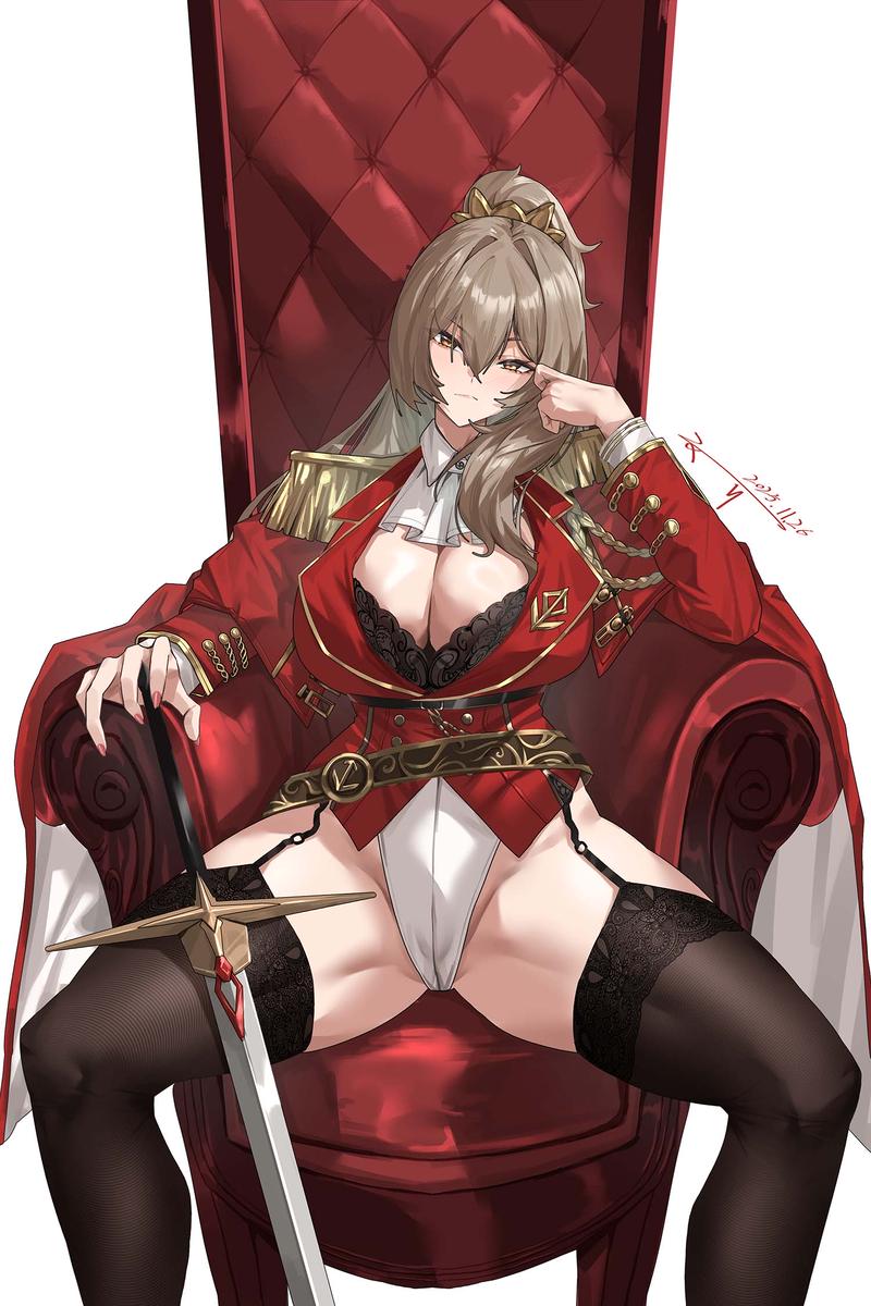 aiguillette, ascot, azur lane, belt, black bra, black thighhighs, bra, breasts, brown eyes, brown hair, cameltoe, cg, chair, cleavage, closed mouth, epaulettes, female, garter straps, highleg, highleg leotard, jacket, large breasts, leotard, lion (azur lane), long hair, long sleeves, looking at viewer, ponytail, red jacket, signature, simple background, sitting, solo, spread legs, sword, thighhighs, thighs, throne, underwear, weapon, white ascot, white background, white leotard