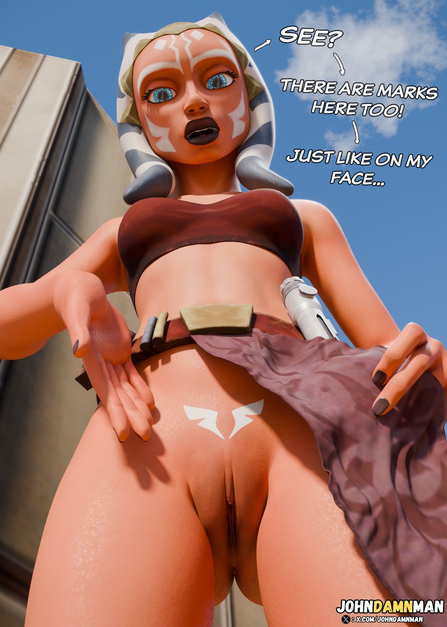 1girls, 3d, ahsoka tano, blender, bottomless, clitoral hood, clitoris, clone wars, comic page, female, female only, johndamnman, labia, marks, no panties, presenting, presenting hindquarters, presenting pussy, pussy, pussy focus, pussy lips, pussy peek, pussy slit, showing pussy, solo, star wars, tattoo, the clone wars: season one, togruta, vagina, vulva