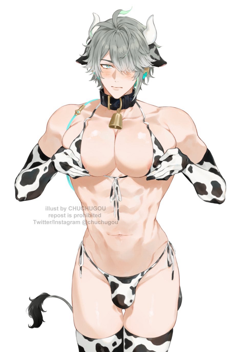 1boy, abs, alhaitham (genshin impact), artist name, bikini, blush, bulge, chuchugou, cow ears, cow horns, cow print, cow print bikini, cowbell, english text, femboy, femboy dilf, gay, genshin impact, green eyes, grey hair, looking at viewer, male, male focus, male only, pecs, simple background, text, thighhighs, thong, white background