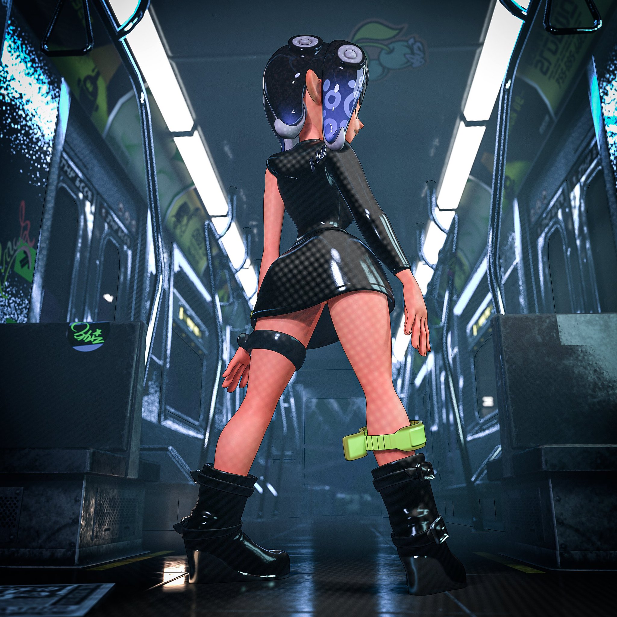 3d, 3d (artwork), 3d model, absurd res, agent 8 (dubious butter), agent 8 (octo expansion), agent 8 (splatoon), android, ankle cuffs, ass, background, bandana, big ass, big breasts, big butt, big ears, black body, black clothing, black dress, black hair, blue eyes, blue hair, booty, bottomwear, chains, clothed, clothing, crop top, cropped jacket, cuffs (clothing), dark skin, dark-skinned female, dress, filter, full body, gradient background, graffiti, graffiti on wall, hair rings, hand on thigh, headgear, headphones, headwear, hi res, high quality, highres, hip focus, hips, hips wider than shoulders, jeans, large ass, large butt, large thighs, leather, leather boots, leather clothing, leather jacket, leg belt, leg up, legwear, long hair, long sleeves, looking away, looking sideways, nexusmind, nintendo, octoling, octoling girl, pants, phone, pose, render, shoes, skirt suit, slim waist, splatoon, splatoon (series), splatoon 2, splatoon 3, subway, subway train, suit, swaying, swaying hips, tall female, tank top, tentacle, tentacle hair, topwear, train, two-tone hair, watch, watermark, wo262 (3d model style), wristband, wristwear, zipper