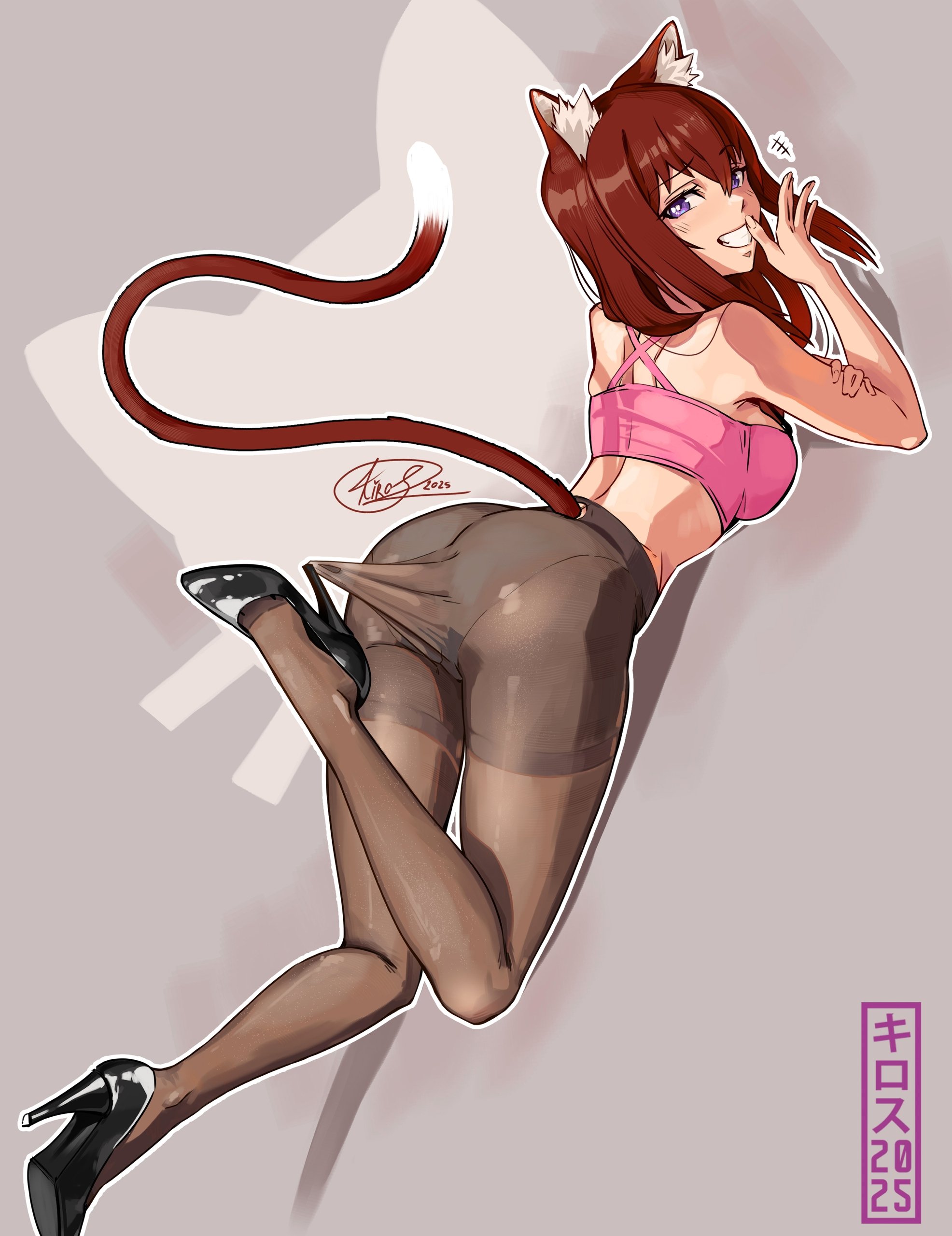 ass focus, cat ears, cat tail, catgirl, dressed, eyebrows visible through hair, female, female only, foot up, heels, high heels, kirostemple, lace pantyhose hooked on heel (meme), legs focus, light blush, light-skinned female, looking at viewer, looking back, makise kurisu, meme, no nudity, pantyhose, pink bra, purple eyes, red hair, simple background, smug face, solo, solo focus, steins;gate, teasing viewer, thighs