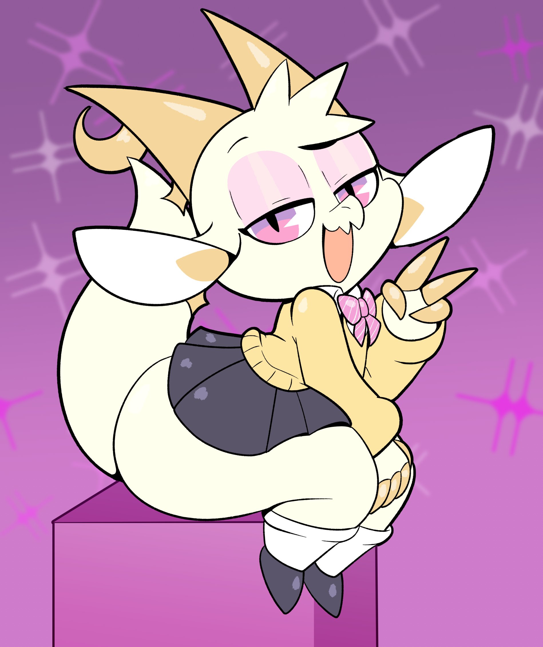 1girls, 2025, anthro, ass, ass visible under skirt, big ass, big butt, big thighs, chikn nuggit, eyeshadow, female, furry, fwench fwy (chikn nuggit), glistening, glistening eyes, hands on knees, horns, huge ass, huge butt, huge thighs, large ass, large butt, large thighs, looking at viewer, mythological creature, mythological scalie, open mouth, peace sign, ribbon, scalie, school uniform, shoes, skirt, socks, someth1ngoranother, thick ass, thick thighs, twitter link, white body, yellow nails