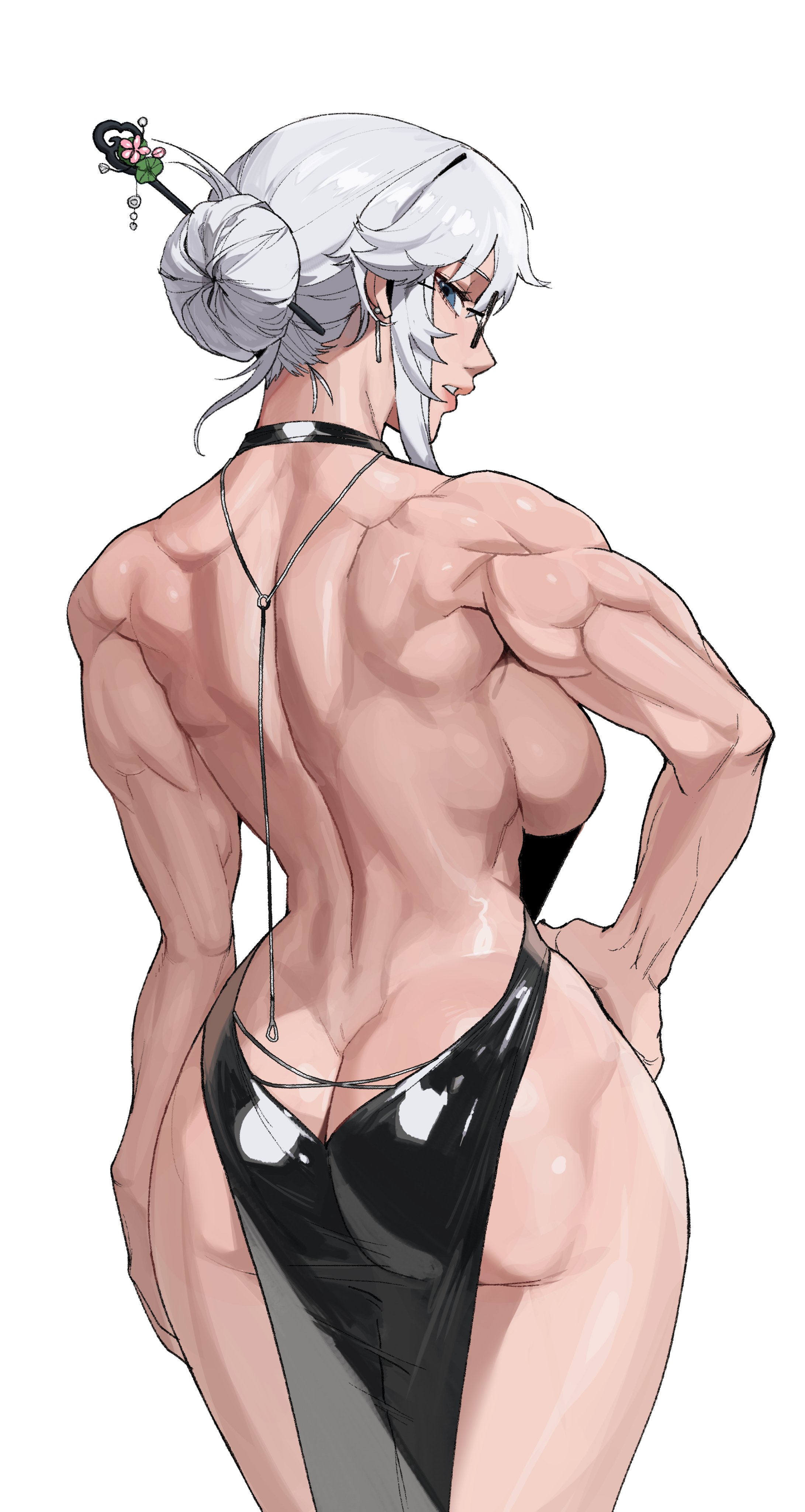 ass, back muscles, back view, backless outfit, black dress, blue eyes, choker, earrings, glasses, gray hair, hair bun, hair ornament, hair stick, hairpin, hand on hip, looking back, muscular, muscular female, radon1014, sideboob, skimpy, skimpy dress, solo, solo female